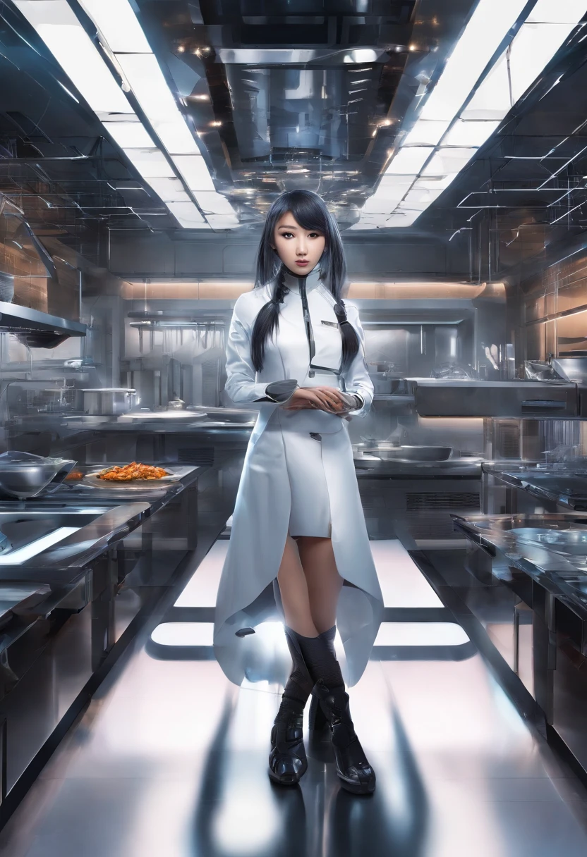 a cute beautiful young asian girl cyborg working as a chef in a futuristic restaurant, dark and gloomy, intricate details, interesting perspective, hdr