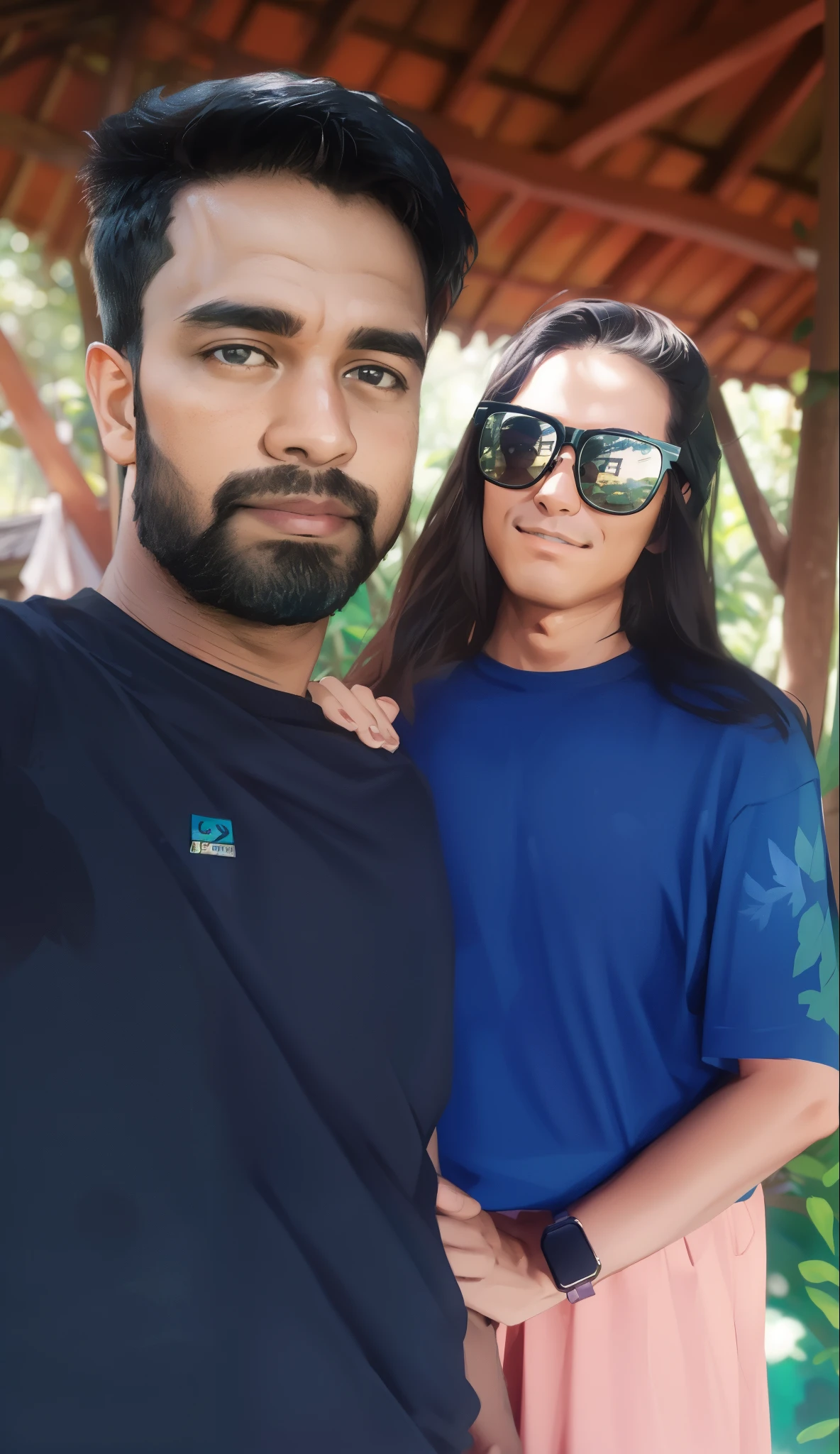 there is a man and woman standing together in a gazebo, lovely couple, connected with hanging bridge!!, photo taken with canon 5d, in front of a forest background, vacation photo, jungles in the background, taken in zoo, in jungle forest !!!, shot on nikon z9, by Max Dauthendey, couple, in jungle, with sunglass