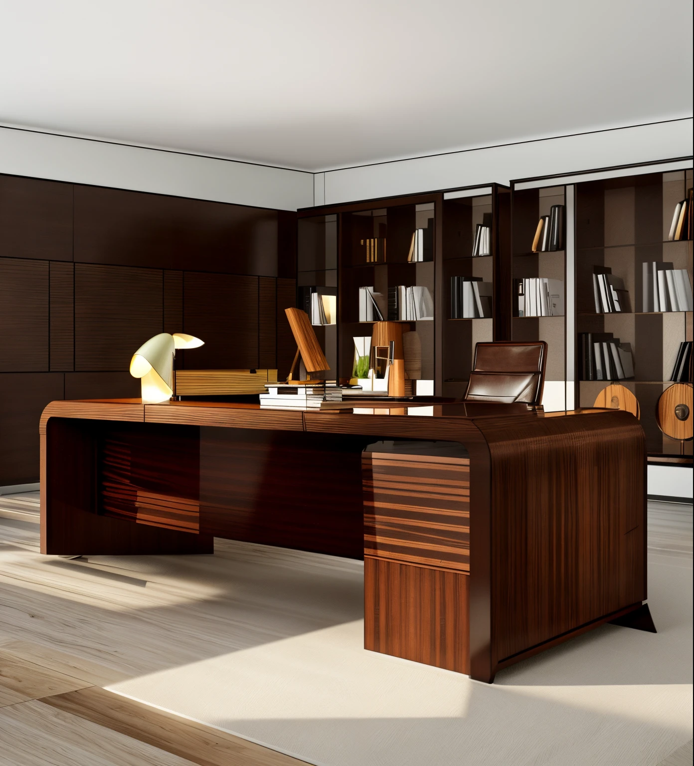 there is a desk with a chair and a lamp in the room, office furniture, luxury furniture, modern office, big desk, furniture design art deco, wooden desks with books, desks, office interior, huge office, elegant furniture, modern gallery furniture, furniture design, designer furniture, home office interior, office room interior, stylistic furniture, smooth curvature design