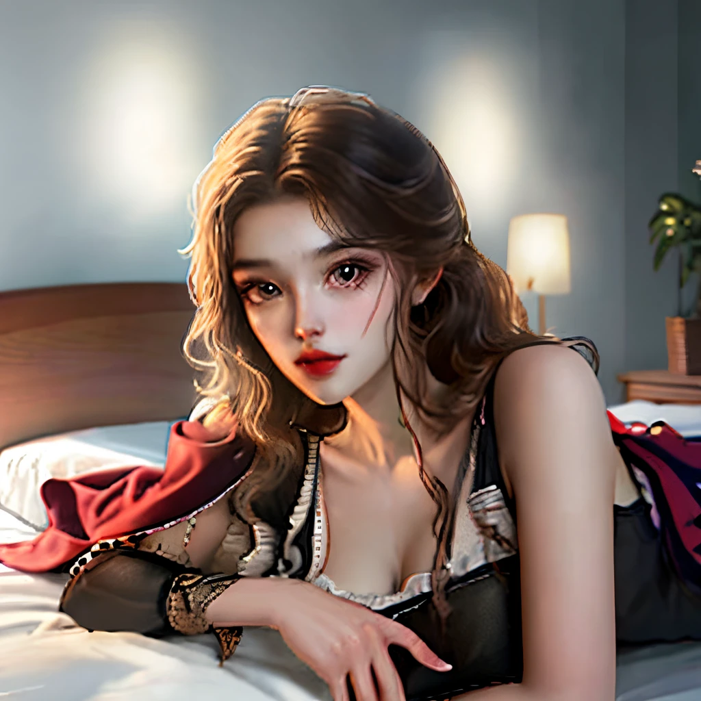 ((((masterpiece, Best quality, a high resolution)))), extremely detailed 8k, Beautiful girl with a curvy body, (ultra HD, ultra detailed, very detailed, very realistic, Ultra-realistic, realistic photography), (1 girl:1.5), (Realistic red hair), (long wavy hair, hair ornaments, earrings), (Dynamic poses), facing the camera, I look at the viewer, (Blushing Red, embarrassed, smile), (Brown eyes, keen eyes), (large firm breasts:1.2), (beautiful detailed face, beautiful detailed eyes), ((white lace lingerie, thin material)), (lying on the bed:1.3), Sub, Shine, (Sunbeam, Sunbeamик), ((cowboy shot)), bedroom