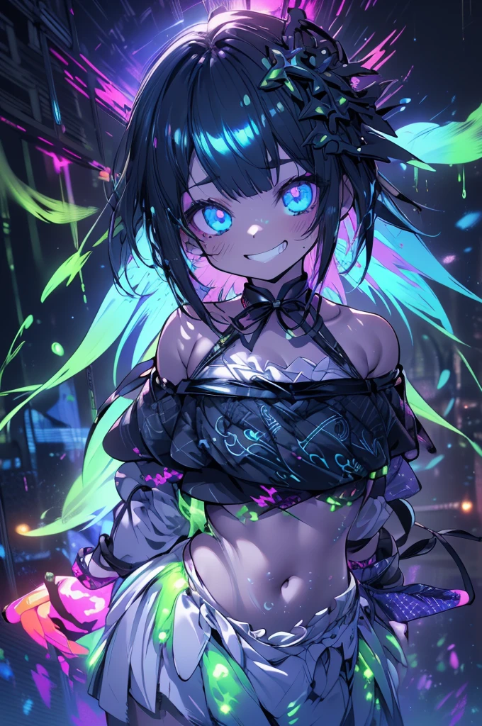 (​masterpiece、top-quality:1.5、a high chroma:1.5、ultra-detailliert、high-resolution illustrations:1.5、Ultra-high-definition CG、8k size wallpaper、offcial art、splashart)、Skin quality improvement,(blacklight:1.5),((Vivid Color:1.5))、(colourfull:1.5),((fluorescent slime)),((Fluorescent color:1.5)),(((Fluorescent slime that sticks to bikini:1.5)))、((Fluorescent slime that sticks to bikini:1.5))、(((Fluorescent slime that sticks to your head:1.5))), (((Fluorescent slime that sticks to your body:1.5))) 、(((Fluorescent slime that sticks to your body:1.5)))、tilt of the head、((colorful fluorescent hair:1.7))、()、(close to viewer:1.5)、((The bikini:1.5))、(Eyes are blue)、(girl with)、medium breasts、(Very short hair),(Excited eyes),(Gradient Eyes)、(grinning evily:1.3),(Cowboy Shot),(),(on  back)、(blacklight：1.5)