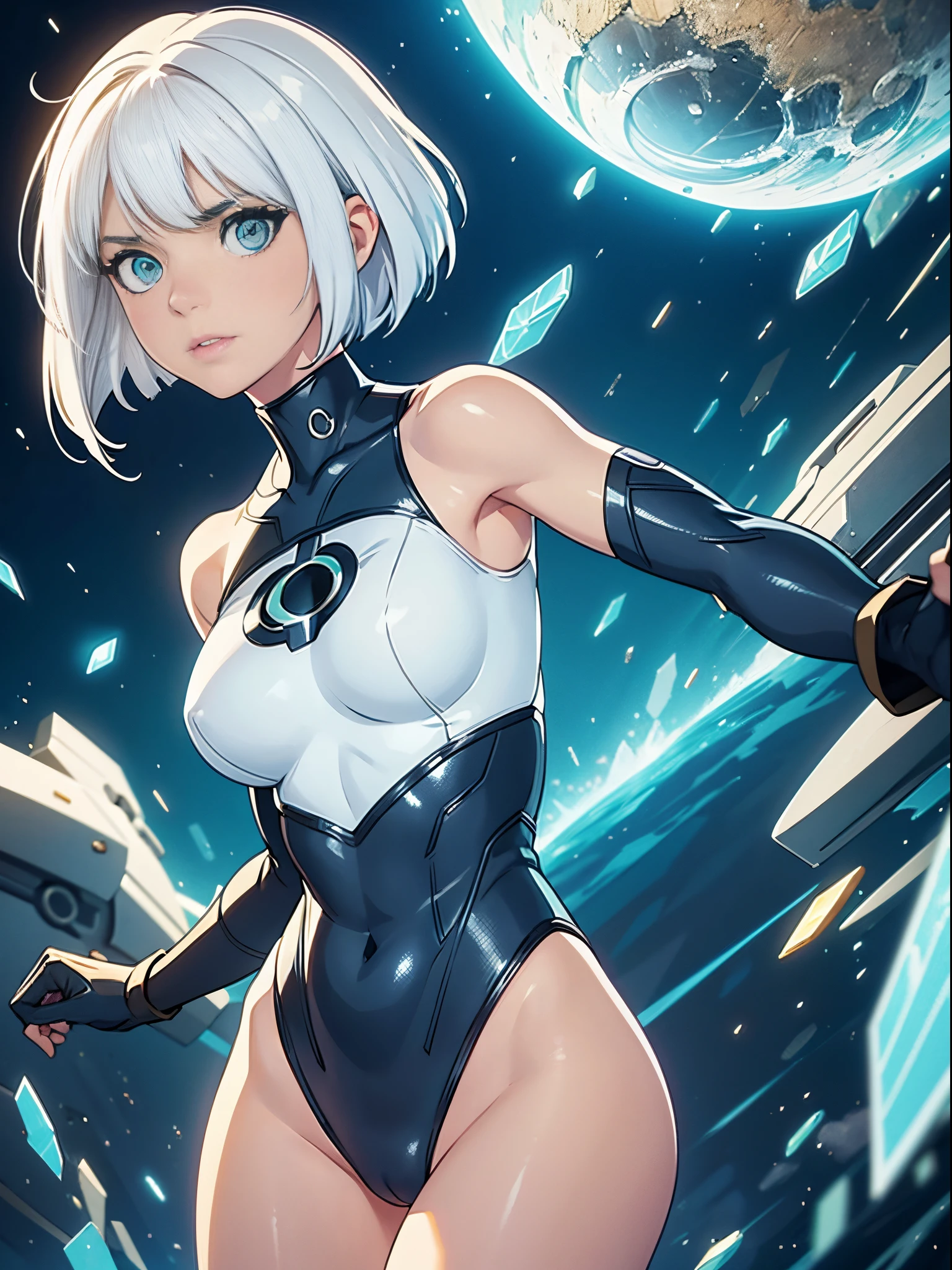 1girl, beautiful detailed eyes, superhero, mature woman, white hair, bob hair, short hair, green eyes, beautiful detailed eyes, leotard, black leotard, bare legs, gloves, boots, standing, glowing body, light surrounding her body, light particles, perfect anatomy, cowboy shot, full body shot, spread arms, superpower, solo, single.