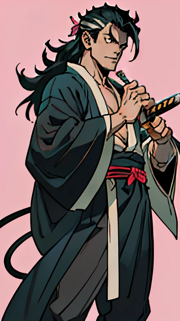 anime character with sword in hand and pink background, handsome guy in demon slayer art, Bleach Manga Style, flowing hair and long robes, demon slayer rui fanart, demon slayer artstyle, kimetsu no yaiba, official fan art, detailed fanart, Tsurumaki Kazuya, Kentaro Miura's manga art style