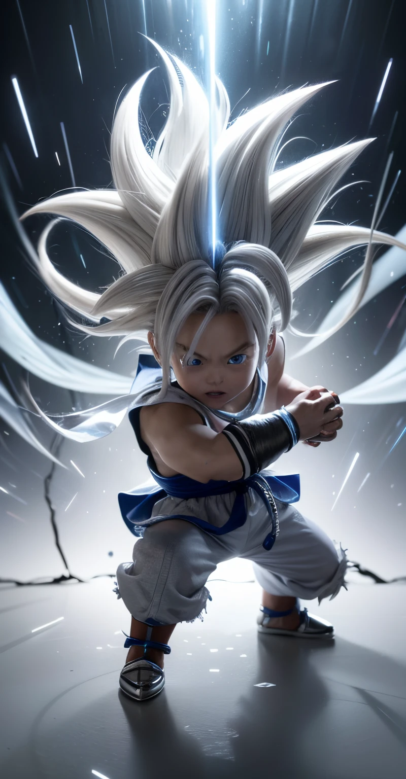 Epic attack movie kami hami dragon ball super 3 close up shot of coco jr, He holds a glowing ball with a blue beam in his hands . With Super Saiyan 3 Ultra Instinct Silver hair, Piercing fresh blue eyes carefully detailed features, The light of lightning and thunder radiated excitement , Ultra instinct, Covered in full silver armor, Sliver Ice Color Reflected Shield, 4 k manga wallpaper, Super Saiyan 3 Silver, Glowing with silver light, Detailed artwork for cinema films, Detailed background of anime digital cinema art, Super Saiyan 3 has long silver hair that covers his entire body , anime wallpaper 4k, anime wallpaper 4 k,bright, high-resolution, Realistic image of the Earth, Picture of Coco being attacked, He holds a glowing ball in his hands, Bright blue lightning, Chinese