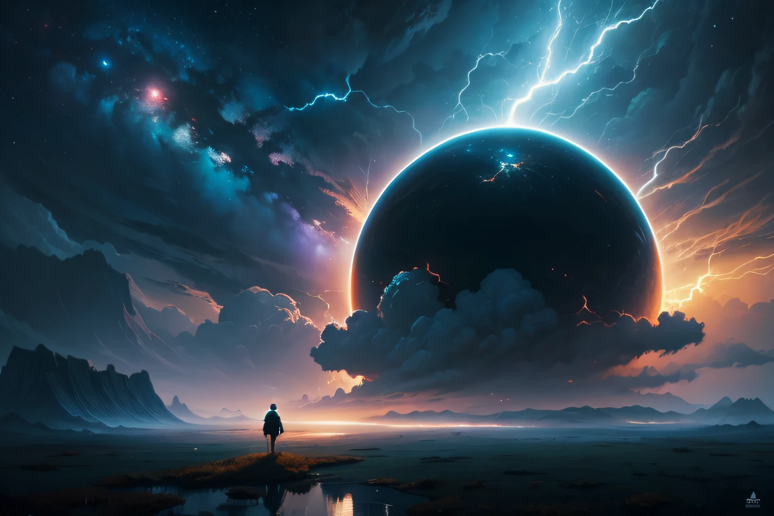 a man standing on a hill looking at a distant landscape, digital art inspired by Cyril Rolando, trending on Artstation, space art, beeple and tim hildebrandt, artgem and beeple masterpiece, beeple and jeremiah ketner, realism | beeple, beeple and jean giraud, beeple and greg rutkowski painting of a large cloud with a a gaping black hole to space, a surrealist painting by Michael Sutfin, shutterstock contest winner, surrealism, android jones and rhads, cloud vortex, thick swirling lightning ring, surrealistic painting, surrealist landscape painting, thunder clouds modernism, surreal scene, surreal clouds, jacek yerka and vladimir kush, surreal painting, lightning , star fields