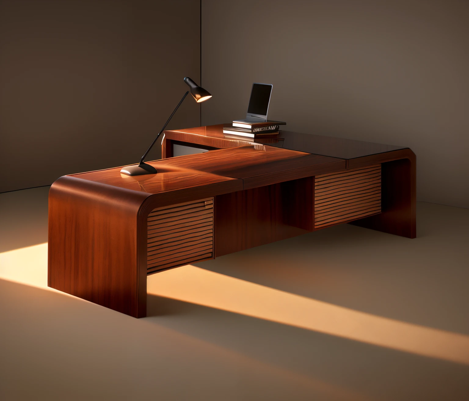 there is a desk with a laptop on it and a lamp, big desk, desks, desk, office furniture, on mahogany desk, wooden desks with books, mesa, minimalist desk, displayed on mahogany desk, sienna, computer desk, above view, on a desk, luxury furniture, designer furniture, tables, detailed wooden table, crisp smooth lines, full view