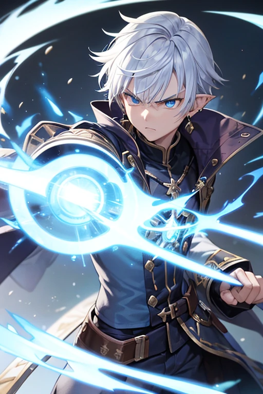 20years boy, combat wizard, white hair, blue eyes, pointy ear, earring, grimoire, Cartoon, lots of gadgets, blue aura, pissed off face