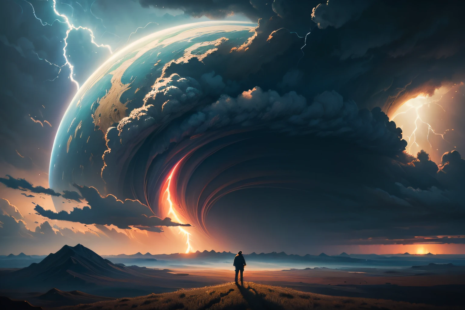 a man standing on a hill looking at a distant landscape, digital art inspired by Cyril Rolando, trending on Artstation, space art, beeple and tim hildebrandt, artgem and beeple masterpiece, beeple and jeremiah ketner, realism | beeple, beeple and jean giraud, beeple and greg rutkowski painting of a large cloud with a tornado swirl coming out of it, a surrealist painting by Michael Sutfin, shutterstock contest winner, surrealism, android jones and rhads, cloud vortex, thick swirling tornado, surrealistic painting, surrealist landscape painting, thunder clouds modernism, surreal scene, surreal clouds, jacek yerka and vladimir kush, surreal painting, lightning , star fields