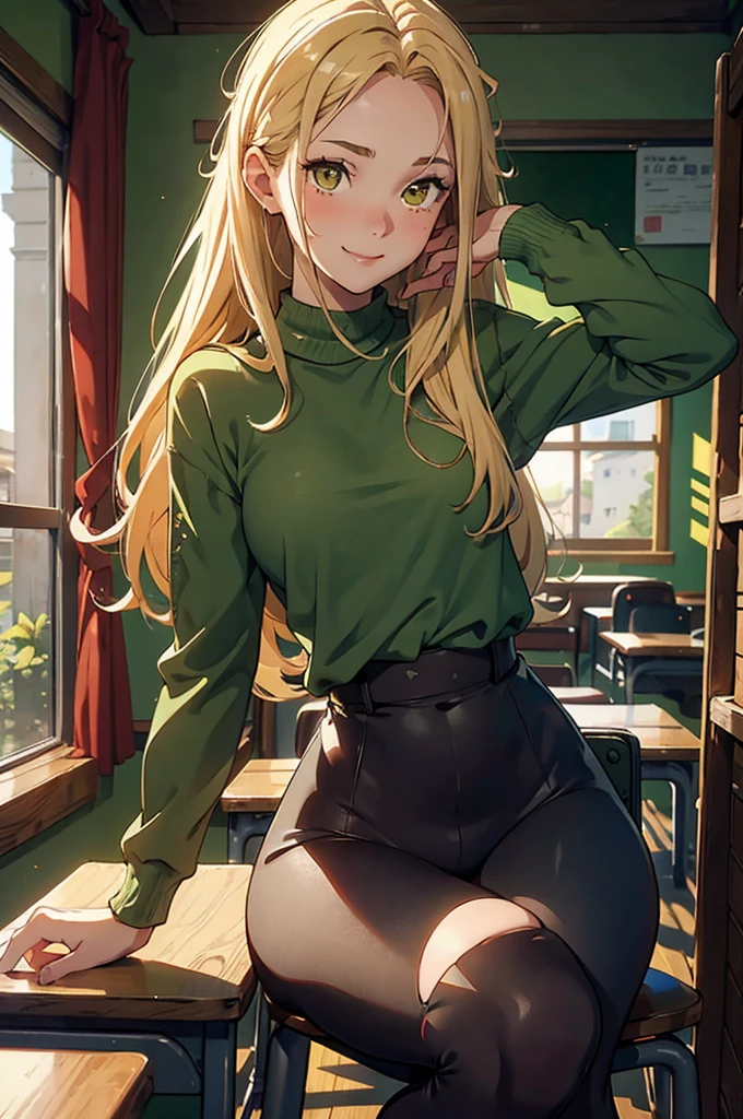 1girl, solo, 16 years old, loose blond hair, wearing dark red velvet leggings and a green sweather, sitting on a chair in classroom, crossing legs, smiling embarassed, side view, bare forehead, hooked nose, puffy cheeks, small breast, lustful, alluring, flirty, confident, detailed face, detailed yellow eyes, detailed irises, thick fleshy lips, medieval, ecchi, high res, best quality, ultrasharp, 8K, masterpiece, cinematic, breedable, submissive, sexy, green wall behind