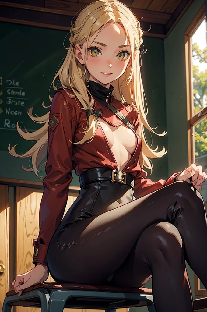 1girl, solo, , loose blond hair, wearing dark red velvet leggings and a green sweather, sitting on a chair in classroom, crossing legs, smiling embarassed, side view, bare forehead, hooked nose, puffy cheeks, small breast, lustful, alluring, flirty, confident, detailed face, detailed yellow eyes, detailed irises, thick fleshy lips, medieval, ecchi, high res, best quality, ultrasharp, 8K, masterpiece, cinematic, breedable, submissive, sexy, green wall behind