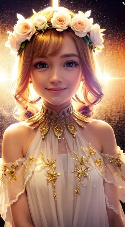 angelicales,face perfect,the flower crown,Angel wings,White and gold clothes,Brightly colored background,Facing the front,Reflect the upper body,Smiling