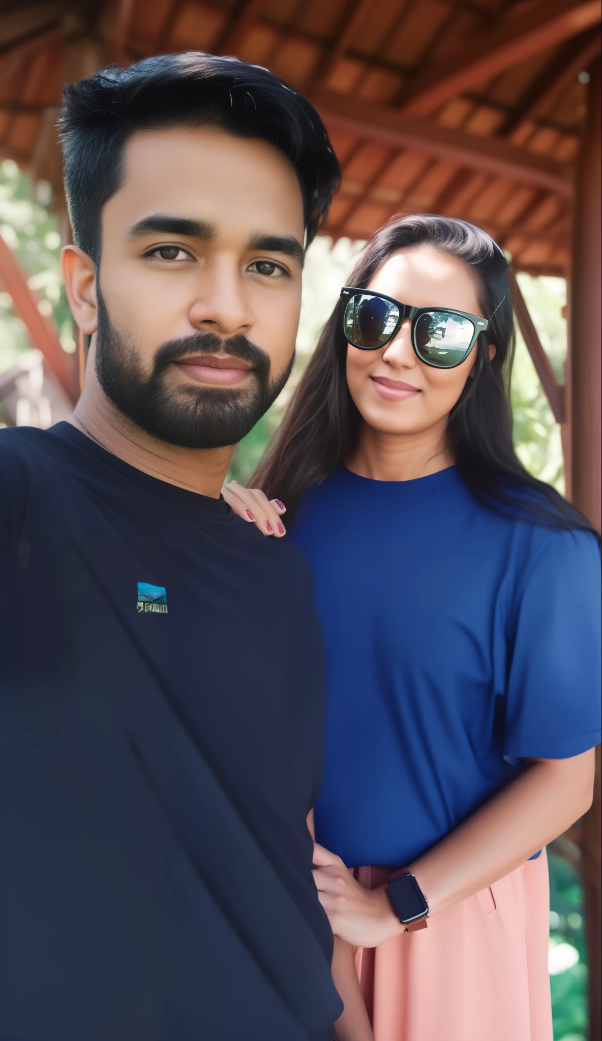 there is a man and woman standing together in a gazebo, lovely couple, connected with hanging bridge!!, photo taken with canon 5d, in front of a forest background, vacation photo, jungles in the background, shot on nikon z9, by Max Dauthendey, couple, in jungle, with sunglass