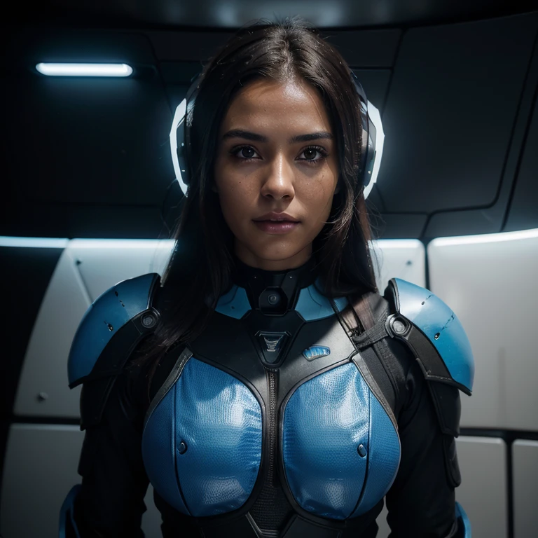 7 of 9 portrait photography, 24-year-old girl with dark hair and brown eyes from Brazil,in a blue futuristic technological suit against the backdrop of the light interiors of a spaceship, neon rim lights,8k render,photo-realistic, movie style, Realistic materials, Regular appearance  ,Natural dark skin tone, Not perfect skin, Without cosmetics,