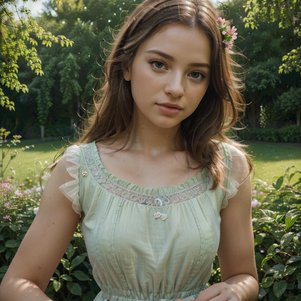 (best quality,4k,8k,highres,masterpiece:1.2),ultra-detailed,(realistic,photorealistic,photo-realistic:1.37),girl in garden,illustration,detailed eyes,detailed lips,long eyelashes,emotion,interaction with nature,beautiful flowers,peaceful atmosphere,soft sunlight,lovely angle,summer dress,vibrant colors,vivid greenery,blurred background.