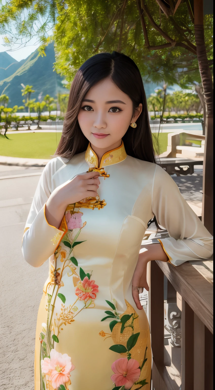 Beautiful Vietnamese woman,Beautuful Women,Pretty girl,(((Ao Dai))),(((Nha Trang))),Resorts,surrealism, F/1.2, Fuji Film, 35 mm, 8K, Super Detail, nffsw, masutepiece, Textured skin, High quality, Best Quality, hard disk