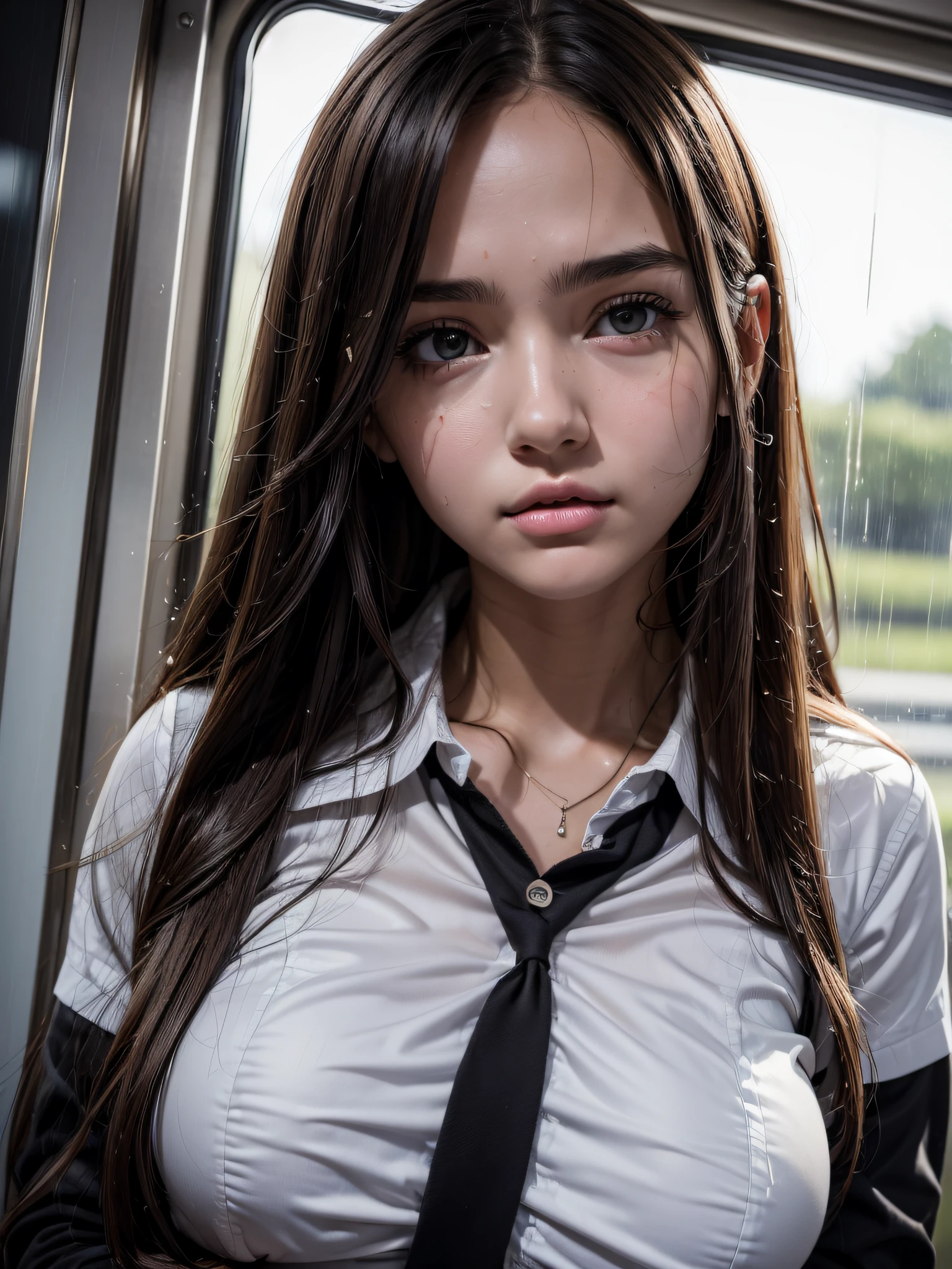 (RAW photo: 1.2), (photorealism: 1.4), top quality, beautiful detailed girl, huge file size, high resolution, 8k wallpaper, fine detail, highly detailed ticker uniform 8k wallpaper, hyper realistic, super detail, masterpiece, 16 year old girl, very detailed eyes and face, beautiful detailed eyes, light on face, movie lighting, sexy pose, varied pose, brown long hair, beautiful gigantic breast, school uniform girl, ((black school uniform in train)), standing, shot from below, train station, rainy days, dark sky, ((she is sweating))