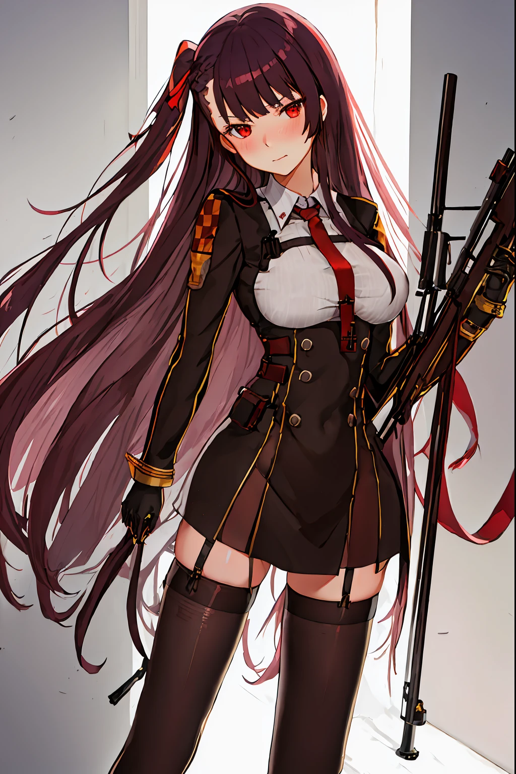 best quality, masterpiece, highres, solo, {wa2000_girlsfrontline:1.15}, long_hair, bangs, red_eyes, purple_hair, blush, ribbon, breasts, hair_ribbon, one_side_up, very_long_hair, large_breasts, red_ribbon, closed_mouth, necktie, chirch interior