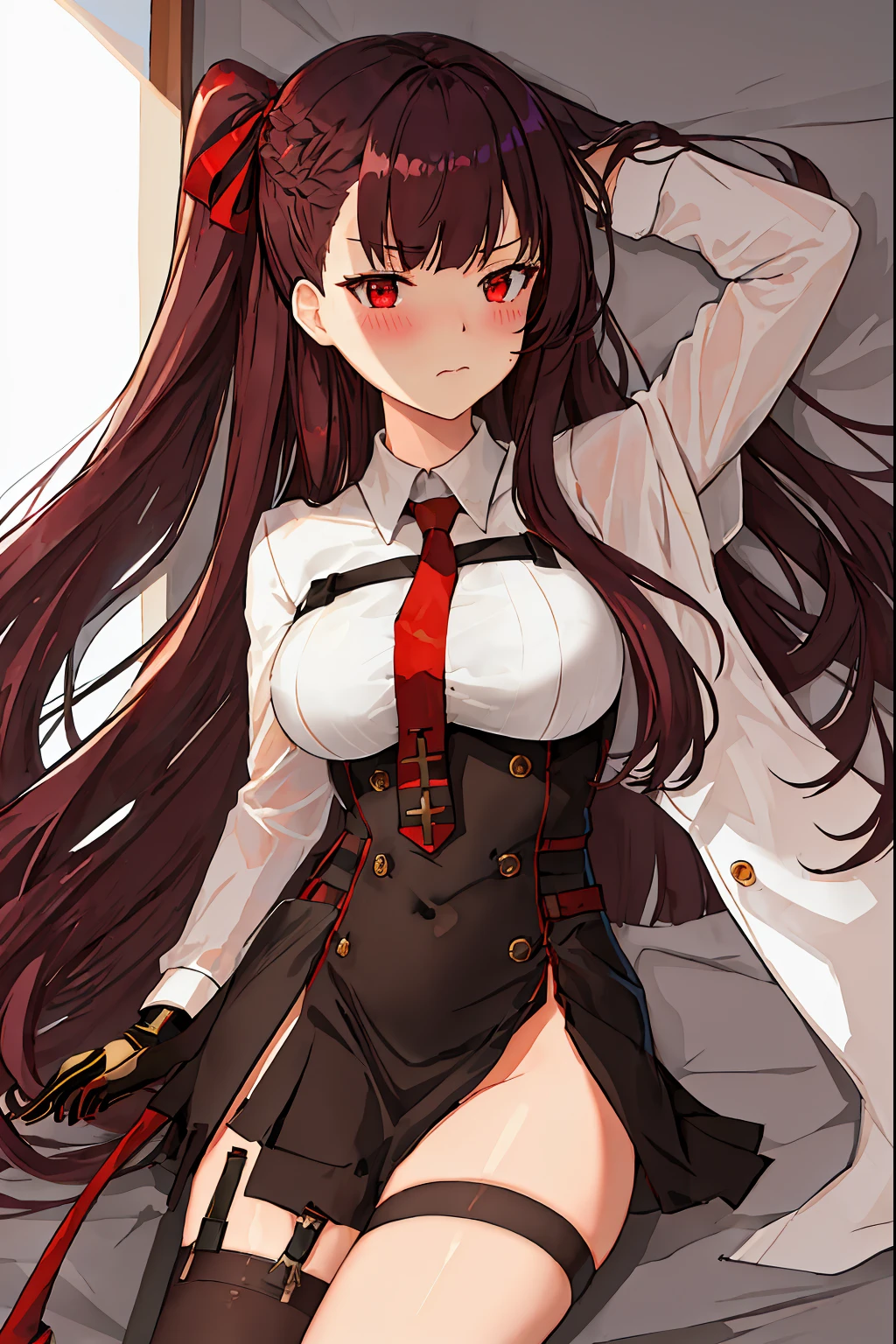 best quality, masterpiece, highres, solo, {wa2000_girlsfrontline:1.15}, long_hair, bangs, red_eyes, purple_hair, blush, ribbon, breasts, hair_ribbon, one_side_up, very_long_hair, large_breasts, red_ribbon, closed_mouth, necktie, chirch interior