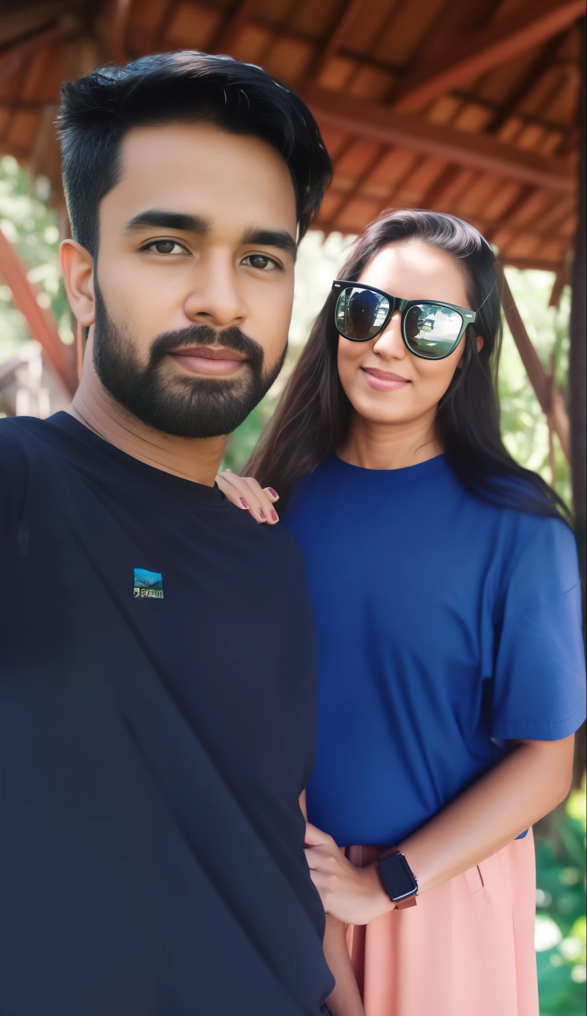 there is a man and woman standing together in a gazebo, lovely couple, connected with hanging bridge!!, photo taken with canon 5d, in front of a forest background, vacation photo, jungles in the background, shot on nikon z9, by Max Dauthendey, couple, in jungle, with sunglass