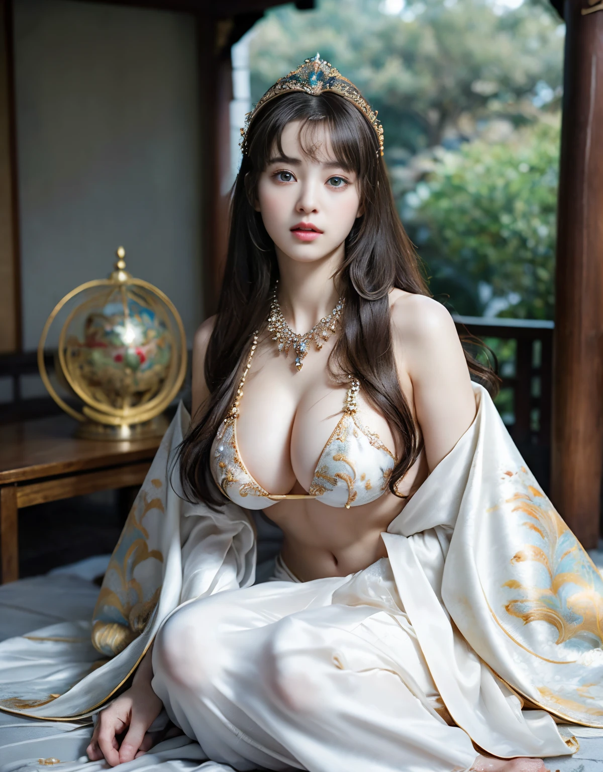 top-quality、​masterpiece、超A high resolution、（White Dragon Armor）、(((Colossal tits))),(((Variety of hairstyles))、(((Take different poses))),(Wearing a beautiful crown made of jewels),(Photorealsitic:1.4)、Raw photo、女の子1人、Golden hair、glowy skin、(((Japan Dragon)))、(((Reveal micro bikini))),（Gorgeous Jewelry Necklaces）、（Mystical expression）、（Full Body Angle）、（Fight big dragons）、A dark-haired、poneyTail、（Detailed: White Metal Bikini）、(Detailed and beautiful flower garden)、Precipitous cliffs、(Western castle background)、((super realistic details))、portlate、globalillumination、（sexypose）、Shadow、octan render、（Random hair）、8K、Raw skin is exposed in cleavage、metals、Details of complex ornaments、Japan details、highly intricate detail、Realistic light、Blue eyes、radiant eyes、Facing the camera、Precipitous cliffs、Toostock、（Full Body Angle）、（veils）、(((Heavy Big))),（A person who sees with calm and goddess-like eyes）Happiness:1.2)、