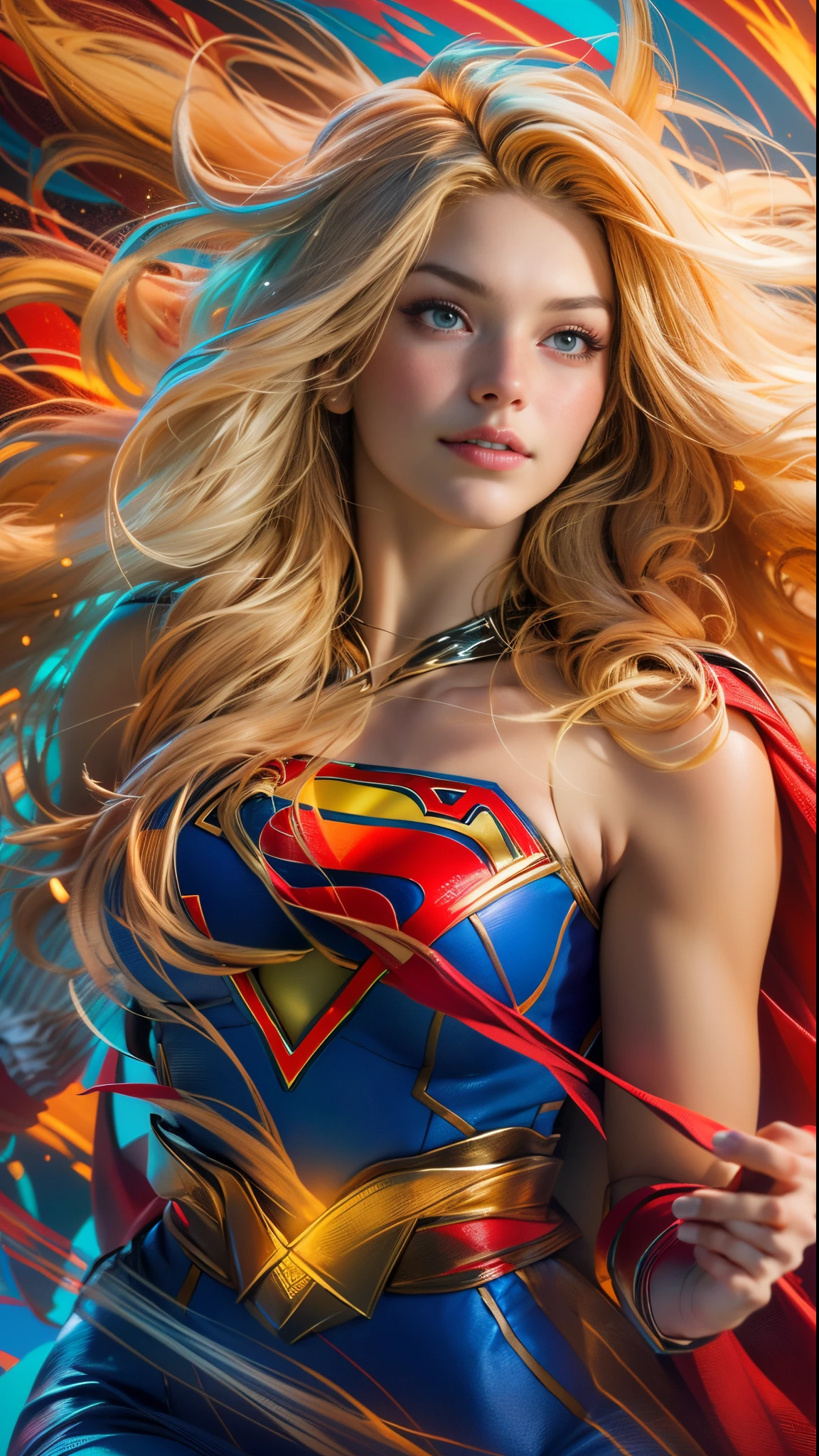 ((best quality,best illumination)), close up portrait of a beautiful model with long blond hair ((flowing in the wind)) and athletic body, wearing Supergirl cosplay, accentuated and highlighted breasts, dynamic flying pose, colorful background, high saturation, vibrant lights.
