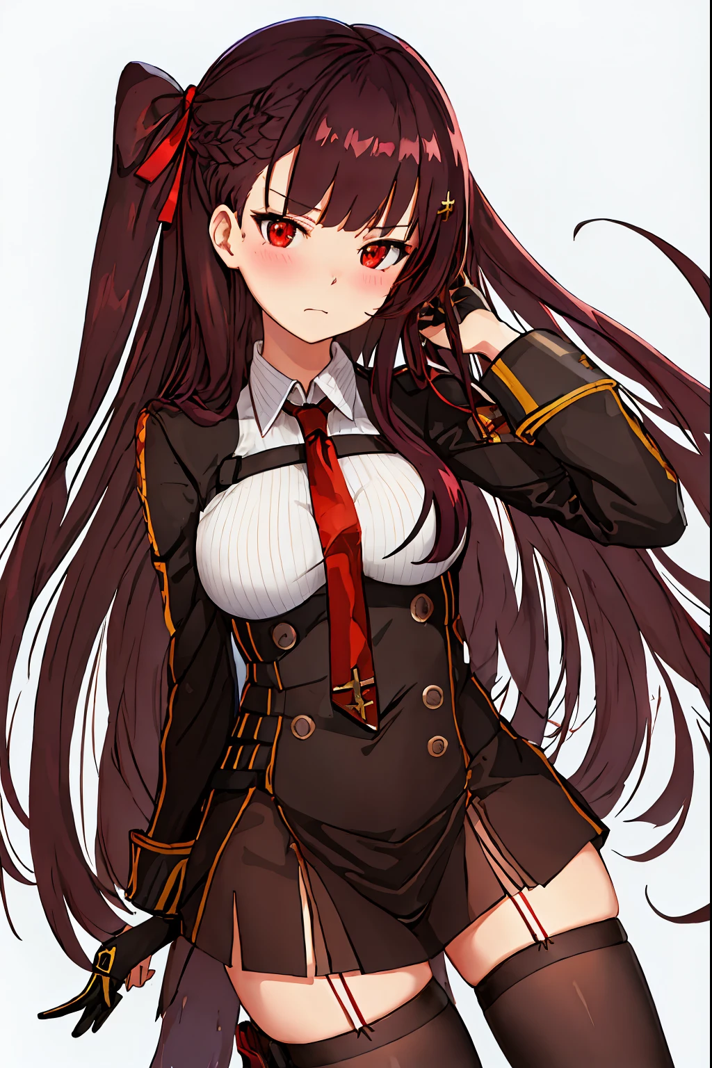 best quality, masterpiece, highres, solo, {wa2000_girlsfrontline:1.15}, long_hair, bangs, red_eyes, purple_hair, blush, ribbon, breasts, hair_ribbon, one_side_up, very_long_hair, large_breasts, red_ribbon, closed_mouth, necktie, chirch interior