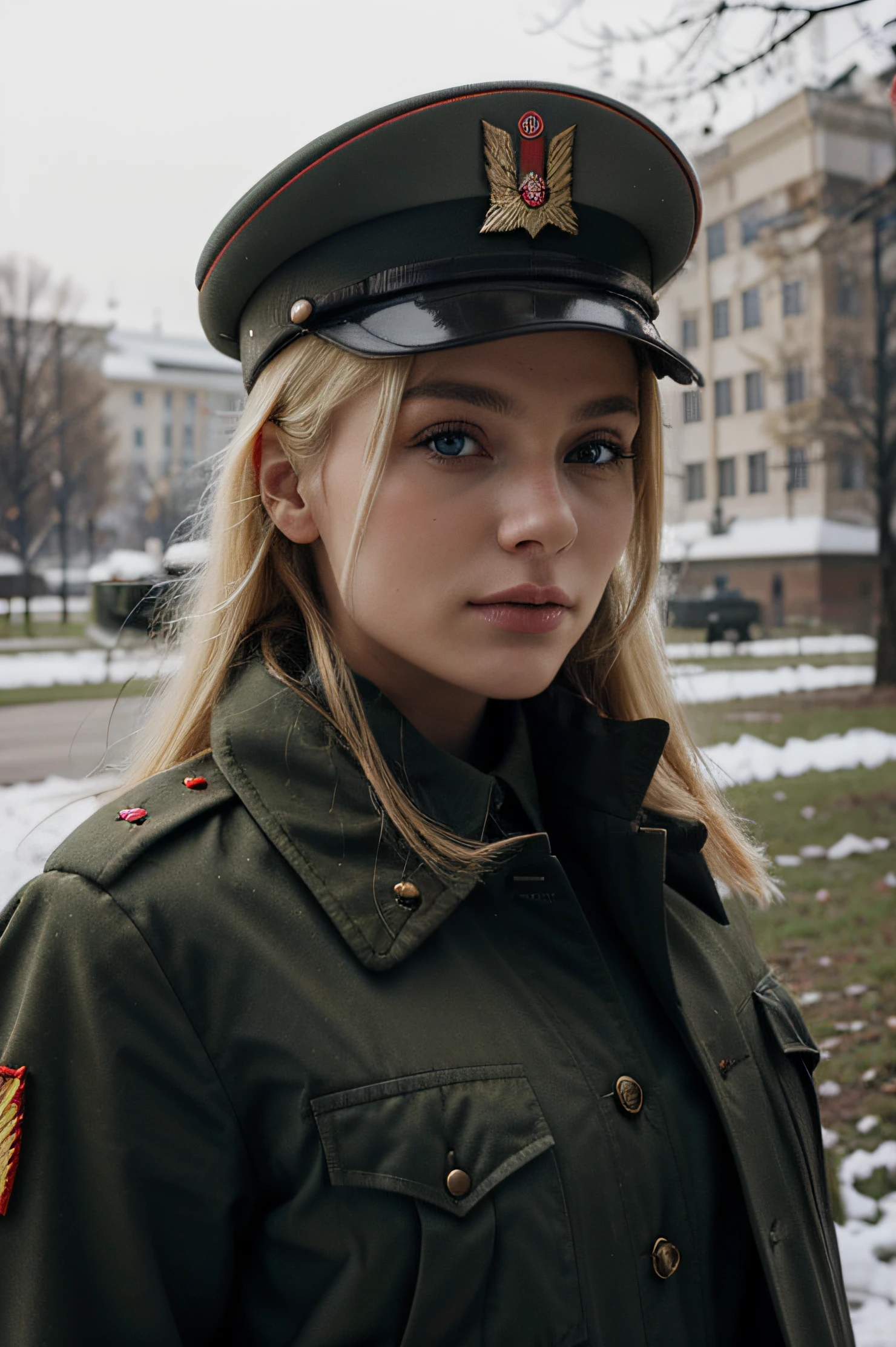 ((ultra realistic)), extra details , ((perfect portrait)), Arctic White cammy Military Uniforms (Various countries and branches) , focus really intricate details background of a park ,