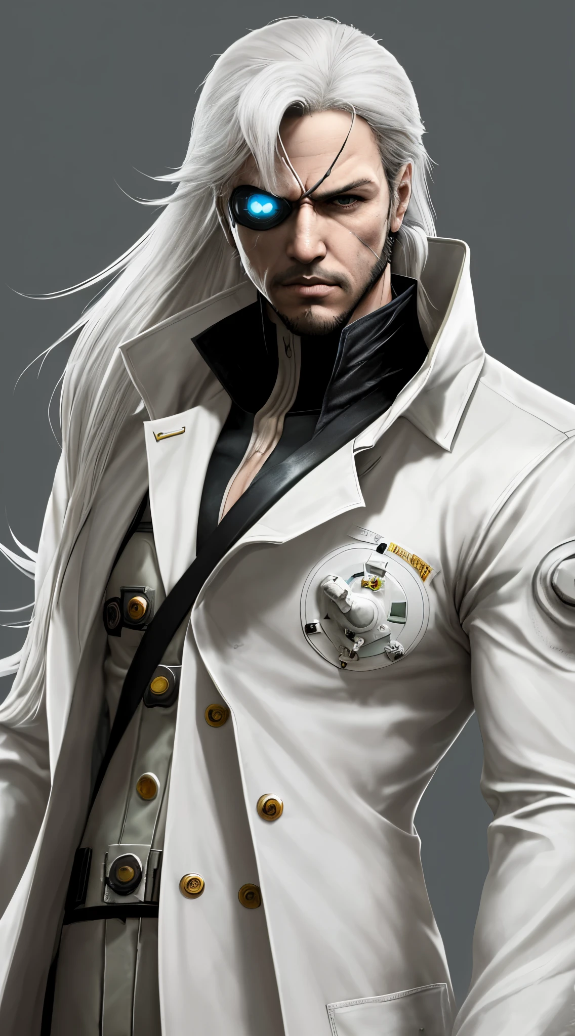 Um cientista malvado com longos cabelos brancos vestindo um jaleco branco com detalhes dourados em estilo metal gear solid 3