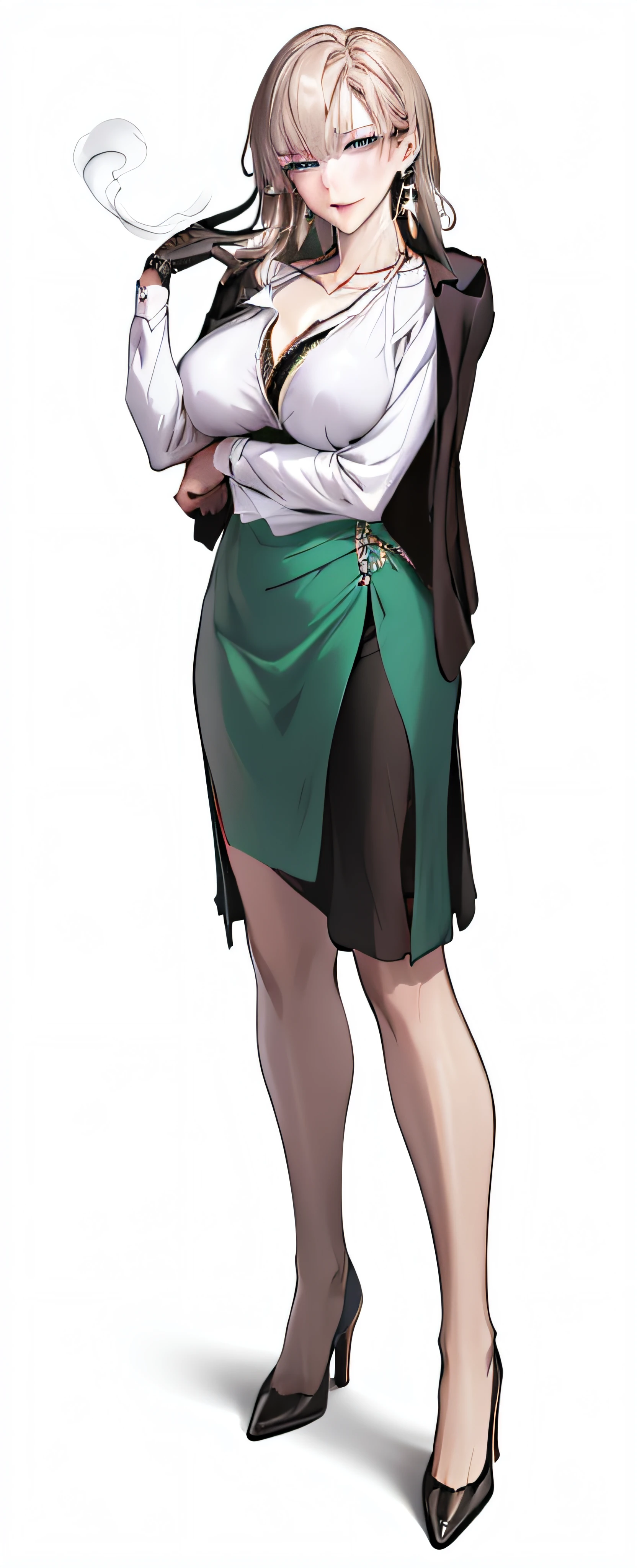 iom, 1girl, solo, puuna, ((monochrome)), greyscale, (large breasts:1.6), (arm below breasts), smile, looking up, (Breasts focus), Blush,  Full body, Simple White Background, white shirt,collarbone, green skirt, cleavage, blue eyes, brown hair,bangs, Long_hair,1 girl, 20yo,Young female,Beautiful Finger,Beautiful long legs,Beautiful body, Beautiful Nose,Beautiful character design, perfect eyes, perfect face,expressive eyes,perfect balance, looking at viewer,(Focus on her face),closed mouth, (innocent_big_eyes:1.0),(Light_Smile:0.3), official art,extremely detailed CG unity 8k wallpaper, perfect lighting,Colorful, Bright_Front_face_Lighting,White skin, (masterpiece:1.0),(best_quality:1.0), ultra high res,4K,ultra-detailed, photography, 8K, HDR, highres, absurdres:1.2, Kodak portra 400, film grain, blurry background, bokeh:1.2, lens flare, (vibrant_color:1.2),professional photograph, (Beautiful,large_Breasts:1.4), (beautiful_face:1.5),(narrow_waist), Perky Breasts, smile, green skirt, shirt, heels, black jacket, cigarette, smoking, glasses, earrings, gloves,
