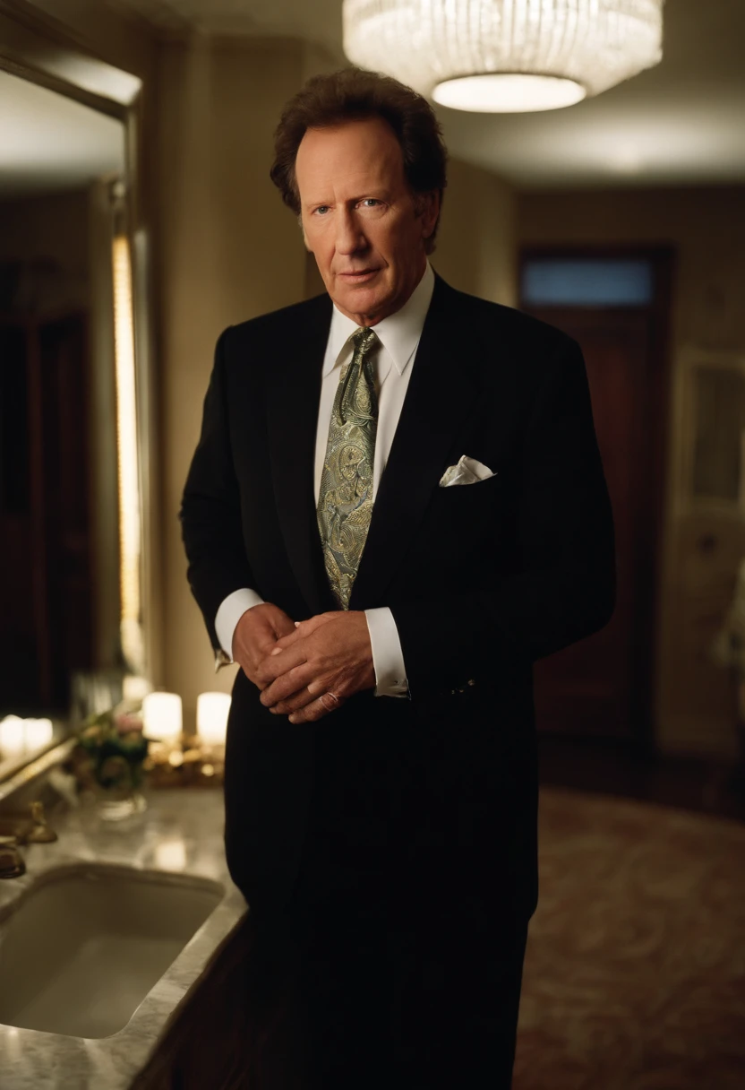 A photo of Larry Sanders standing in front of a mirror, adjusting his tie and looking slightly worried,The Larry Sanders Show,Larry Sanders, as portrayed by Garry Shandling, has a distinctively average, everyman appearance, making him relatable as a late-night show host. He typically sports a neatly combed hairstyle and a clean-shaven face, projecting a professional image suitable for television. Larry’s on-screen wardrobe often consists of classic, tailored suits, which he wears with an air of slightly uncomfortable formality, reflecting his underlying anxieties.