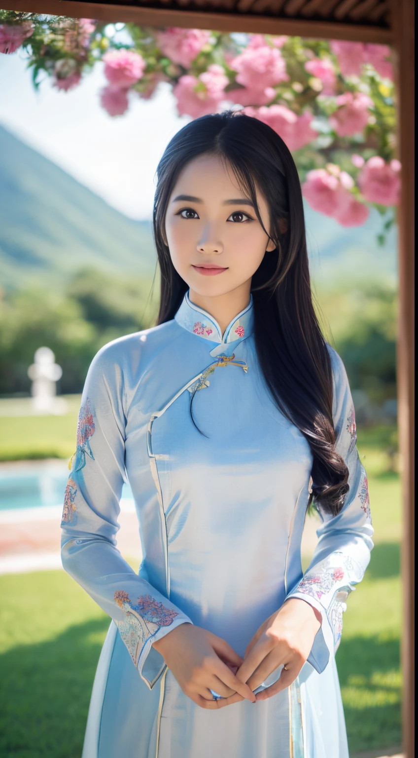 Beautiful Vietnamese woman,Beautuful Women,Pretty girl,(((Ao Dai))),(((Nha Trang))),Resorts,surrealism, F/1.2, Fuji Film, 35 mm, 8K, Super Detail, nffsw, masutepiece, Textured skin, High quality, Best Quality, hard disk