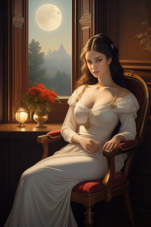 (Best Quality,4k,8K,hight resolution,Masterpiece:1.2), oil painting, beautiful girl sitting in a chair by the window, Evening, moon light, beautiful fantasy art portrait, Troy Brooks style