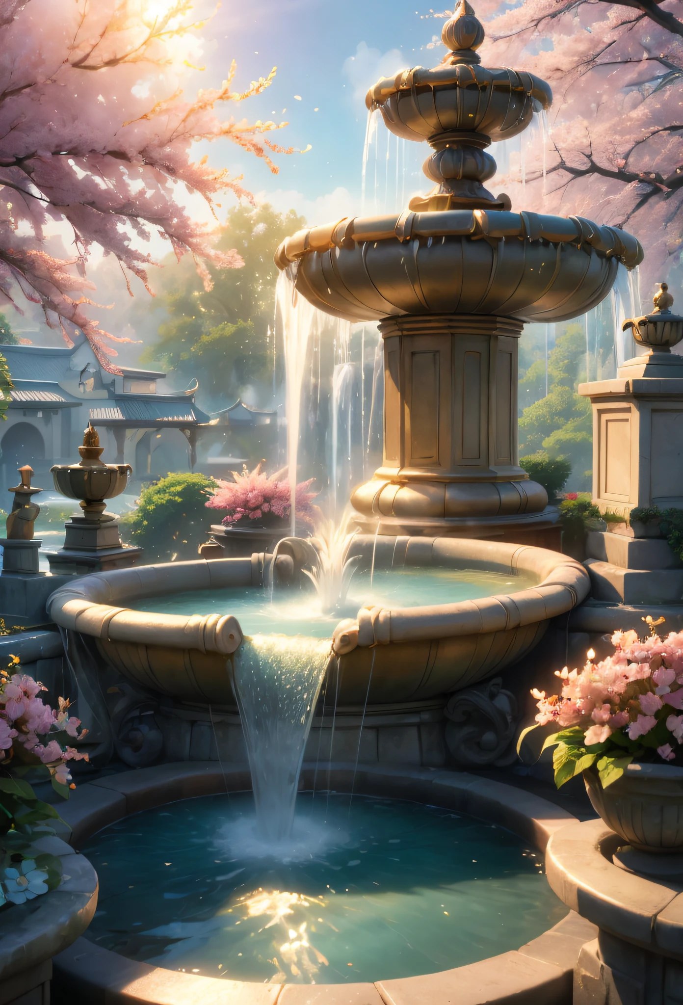 (best quality,4k,8k,highres,masterpiece:1.2),ultra-detailed,(realistic,photorealistic,photo-realistic:1.37),water fountain,shimmering water,sparkling droplets,gently flowing streams,golden hour lighting,peaceful atmosphere,nostalgic colors,floating cherry blossom petals,ethereal beauty,magical scene,serene reflection,tranquil setting,vivid hues,wisps of mist,detailed architecture,charming characters,dynamic poses,bright and expressive eyes,touch of whimsy,colorful costumes,burst of energy,playful movement,dreamlike ambiance,lively and vibrant,harmony between nature and technology,mixture of modern and traditional elements,synthetic fibers,cascading water,peaceful soundtrack,exquisite craftsmanship,evoking a sense of wonder,LCD screens displaying vibrant animations,illusion of depth,stunning visual storytelling,seamless blend of reality and fantasy
