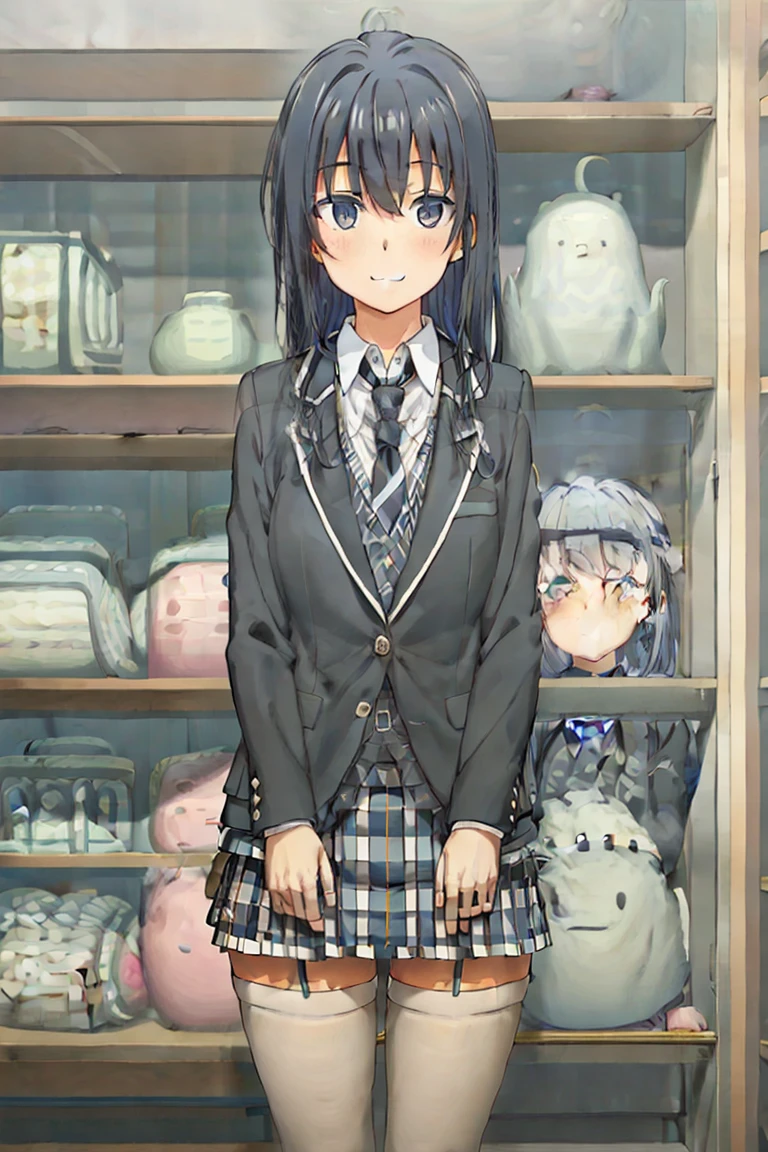 Yukinoshita Yukino wears a tuxedo coat, 1girl, Snafu anime, Female Butler, Elegant blue evening tie, collared shirt, bloomers, Black tail coat, Detailed background of the room, eyes blue, closed mouth, Smileing, Very sexy girl in suit and tie standing by the window, 1girl, 独奏, necktie, Black hair, eyes blue, long hair, smile, jacket, looking at the scenes, shirt, bloomers, blue necktie, collared shirt, white pants, white shirt, indoors, explosions, long-sleeved, closed mouth, window, black jacket, blush, cowboy shot, ceremonial, Yukinoshita Yukino suit, A woman in a black suit and blue tie is standing next to a windowsill, 1girl, 独奏, necktie, eyes blue, jacket, i