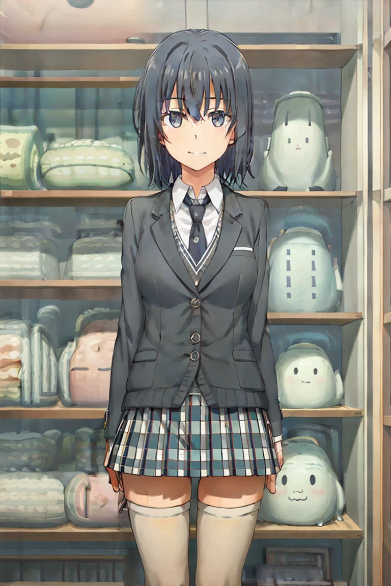 Yukinoshita Yukino wears a tuxedo coat, 1girl, Snafu anime, Female Butler, Elegant blue evening tie, collared shirt, bloomers, Black tail coat, Detailed background of the room, eyes blue, closed mouth, Smileing, Very sexy girl in suit and tie standing by the window, 1girl, 独奏, necktie, Black hair, eyes blue, long hair, smile, jacket, looking at the scenes, shirt, bloomers, blue necktie, collared shirt, white pants, white shirt, indoors, explosions, long-sleeved, closed mouth, window, black jacket, blush, cowboy shot, ceremonial, Yukinoshita Yukino suit, A woman in a black suit and blue tie is standing next to a windowsill, 1girl, 独奏, necktie, eyes blue, jacket, i