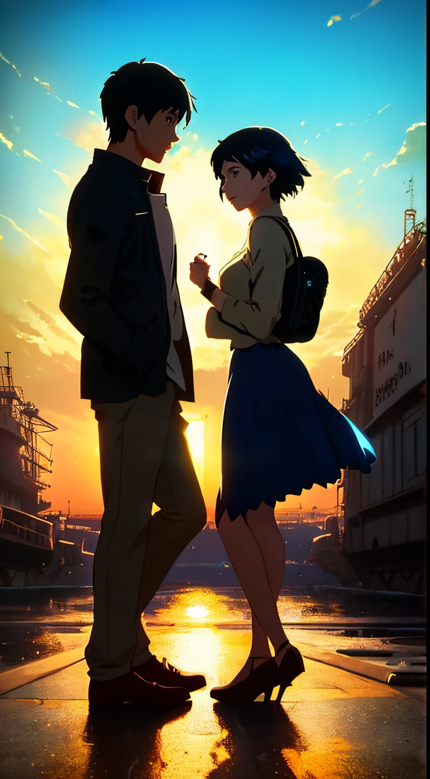 Anime character holding a microphone in front of a ship, artwork in the style of guweiz, in style of atey ghailan, makoto shinkai cyril rolando, Konrad Rosset and Makoto Shinkai, Makoto Shinkai and Tom Bagshaw, guweiz and makoto shinkai, inspired by Atey Ghailan