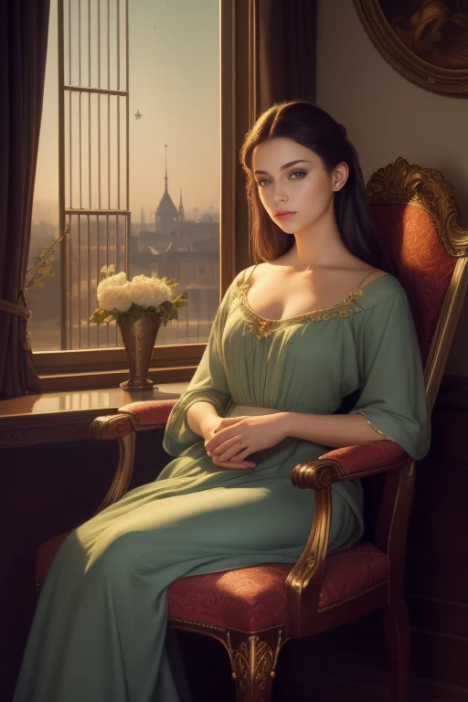 (Best Quality,4k,8K,hight resolution,Masterpiece:1.2), oil painting, beautiful girl sitting in a chair by the window, Evening, moon light, beautiful fantasy art portrait, Troy Brooks style