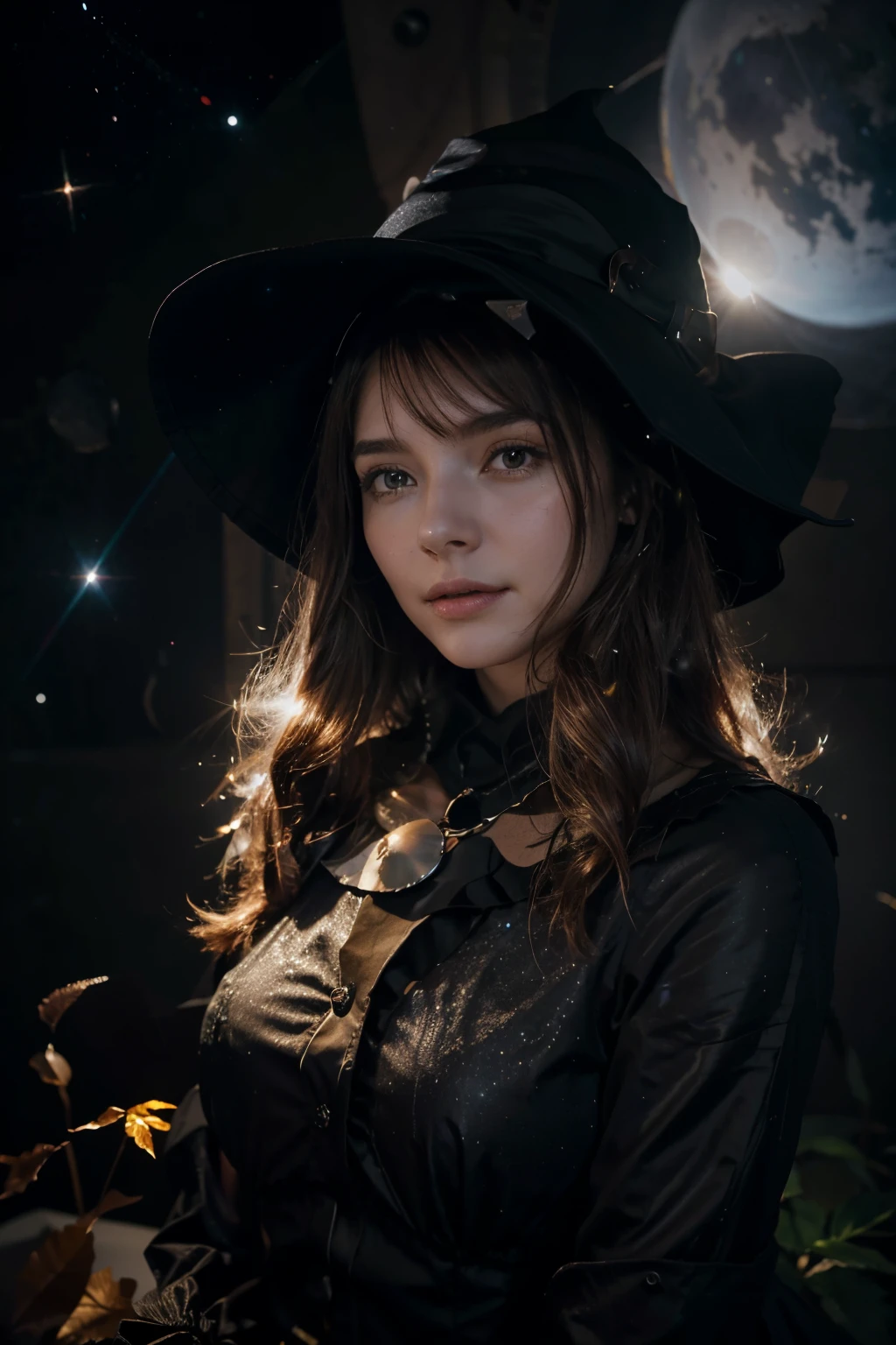 best quality, Altas, 1girl, Onze, witch hat, floating in the space, esfera de energia, light particles, cabelos brilhantes, estrelas brilhantes, fantasia,