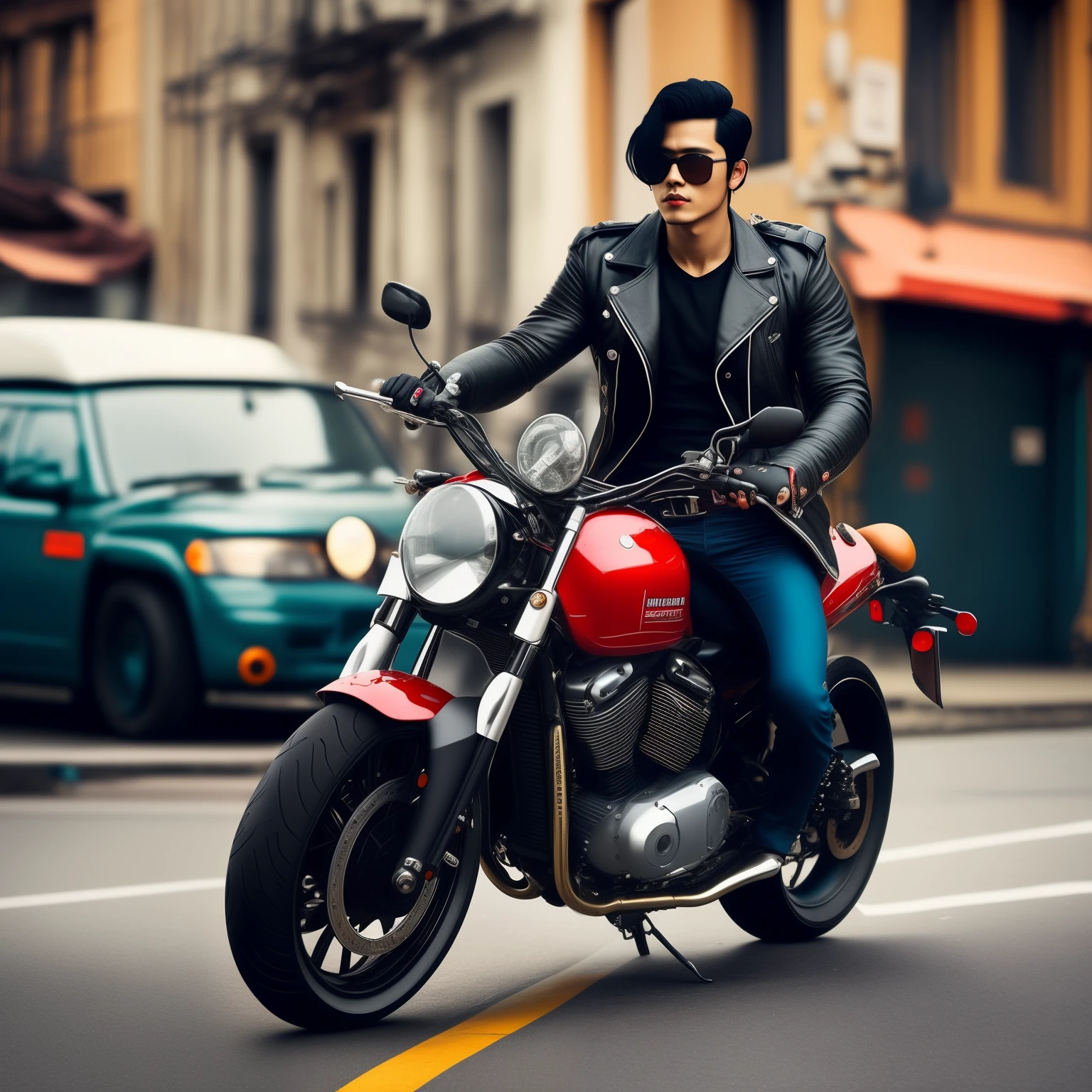 Black hair, two blocks, early 20s, handsome style, motorcycle