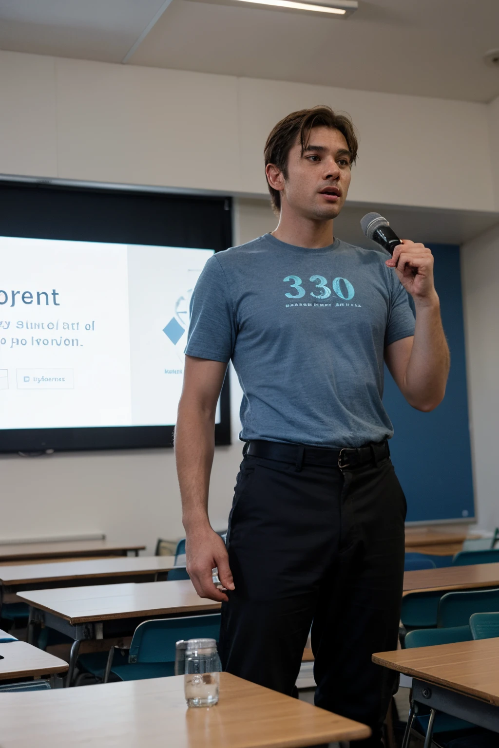 Imagem de um homem de 30 anos, com camisa social azul, black pant, giving a presentation on the projector in your university classroom.