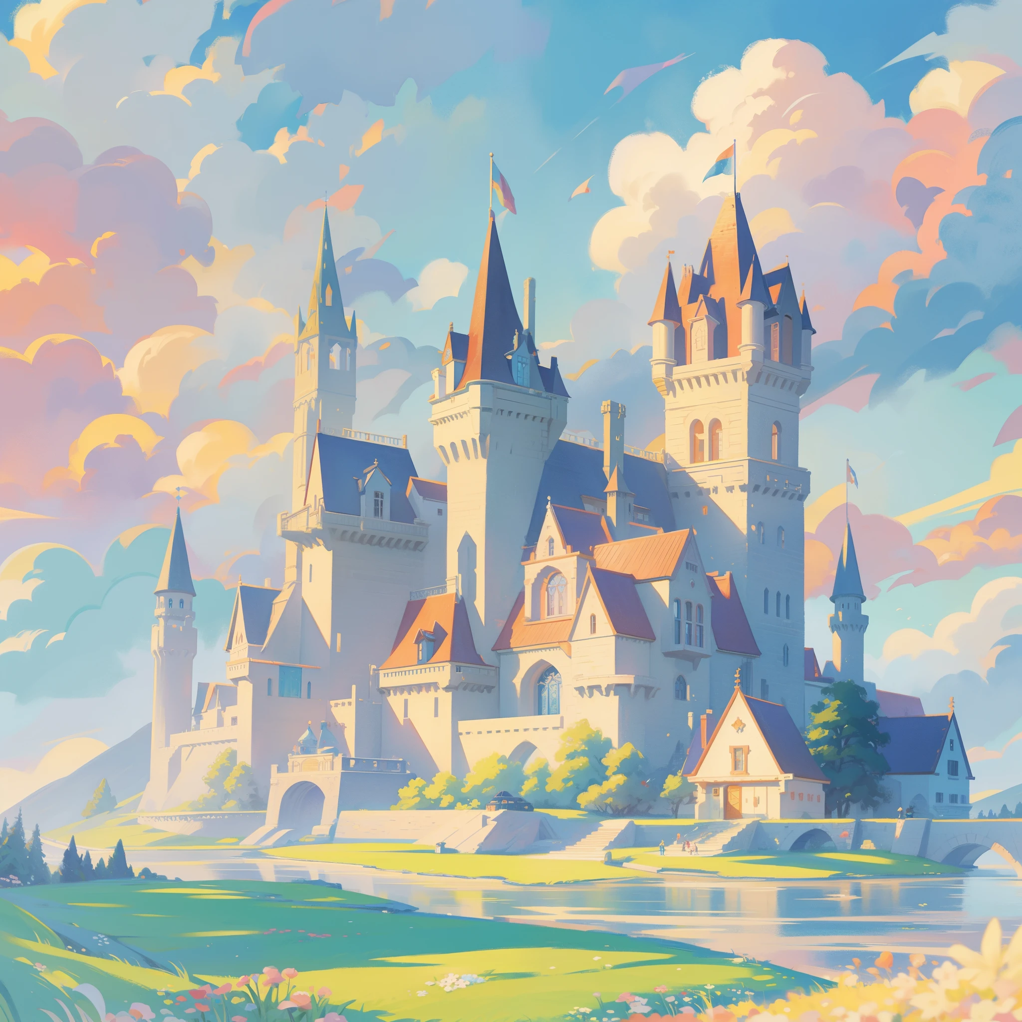 picture book illustration, watercolor storybook illustration, princess castle, fairytale castle, fairytale towers, clouds, vibrant pastel colors, dream, colorful, whimsical, magical, masterpiece, best quality, sharp focus, intricately detailed environment, fine detail, 8k resolution