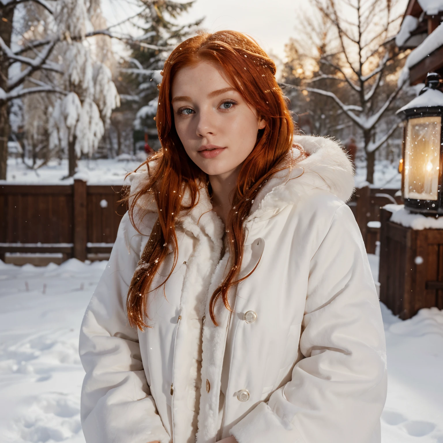 Red-haired woman in a white fur coat poses for a red-haired girl, snowing, She wears a fur coat, In the snow, fur, cute young redhead girl, SFW, beautiful upper body, Warm light lanterns, Redhead, Smooth skin, Realistic, 4k, 8K portrait