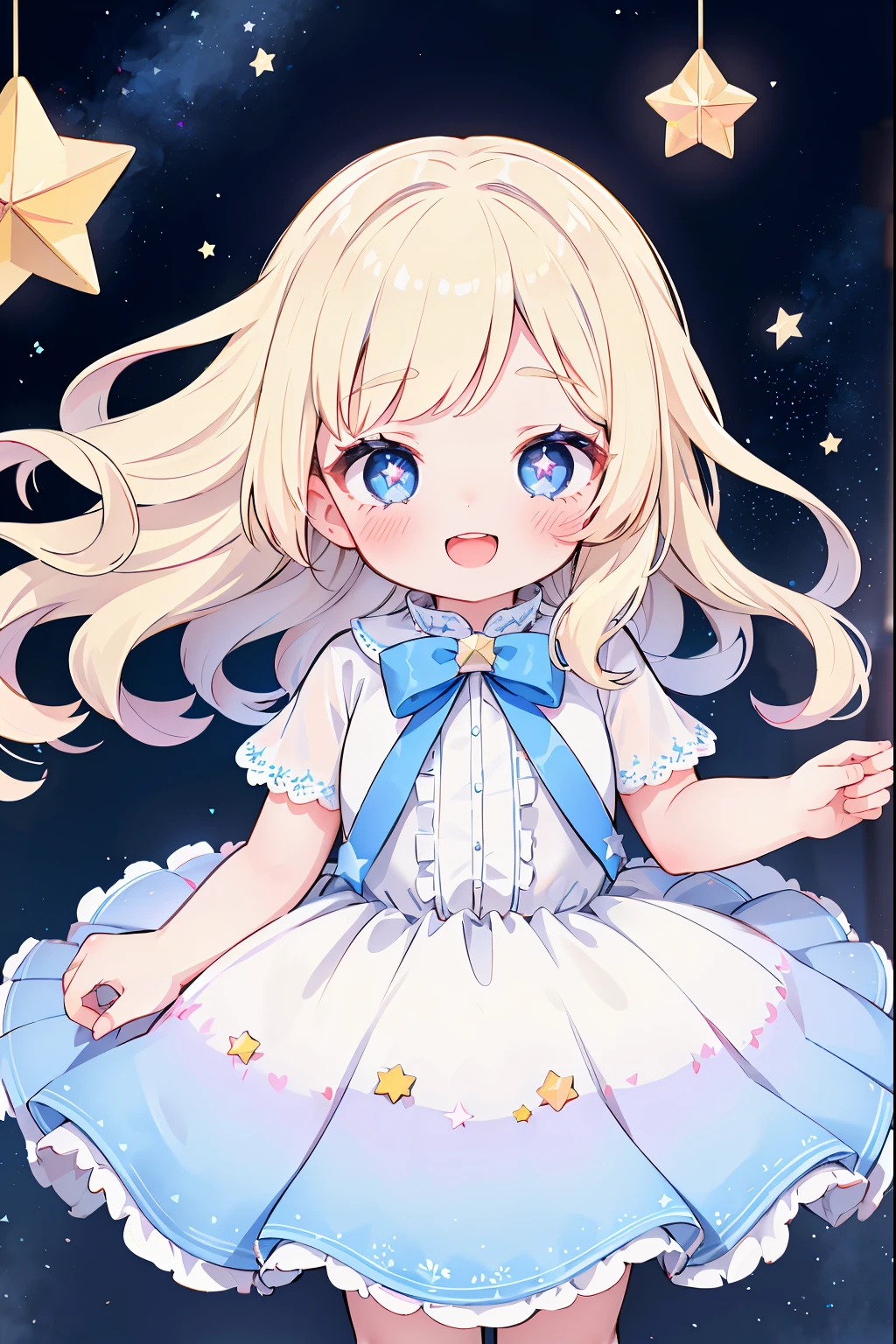 1girl,Princess, (light blonde hair), light blue eyes, short bob , Shiny hair, Wavy Hair, full-face blush,:D,heart-shaped pupils,child face ,twinkle in the eyes, Head tape ,star ribbon , frilled dress,long skirt,blink,adorable,angelical,idol (((item: Star), ombre:1.5