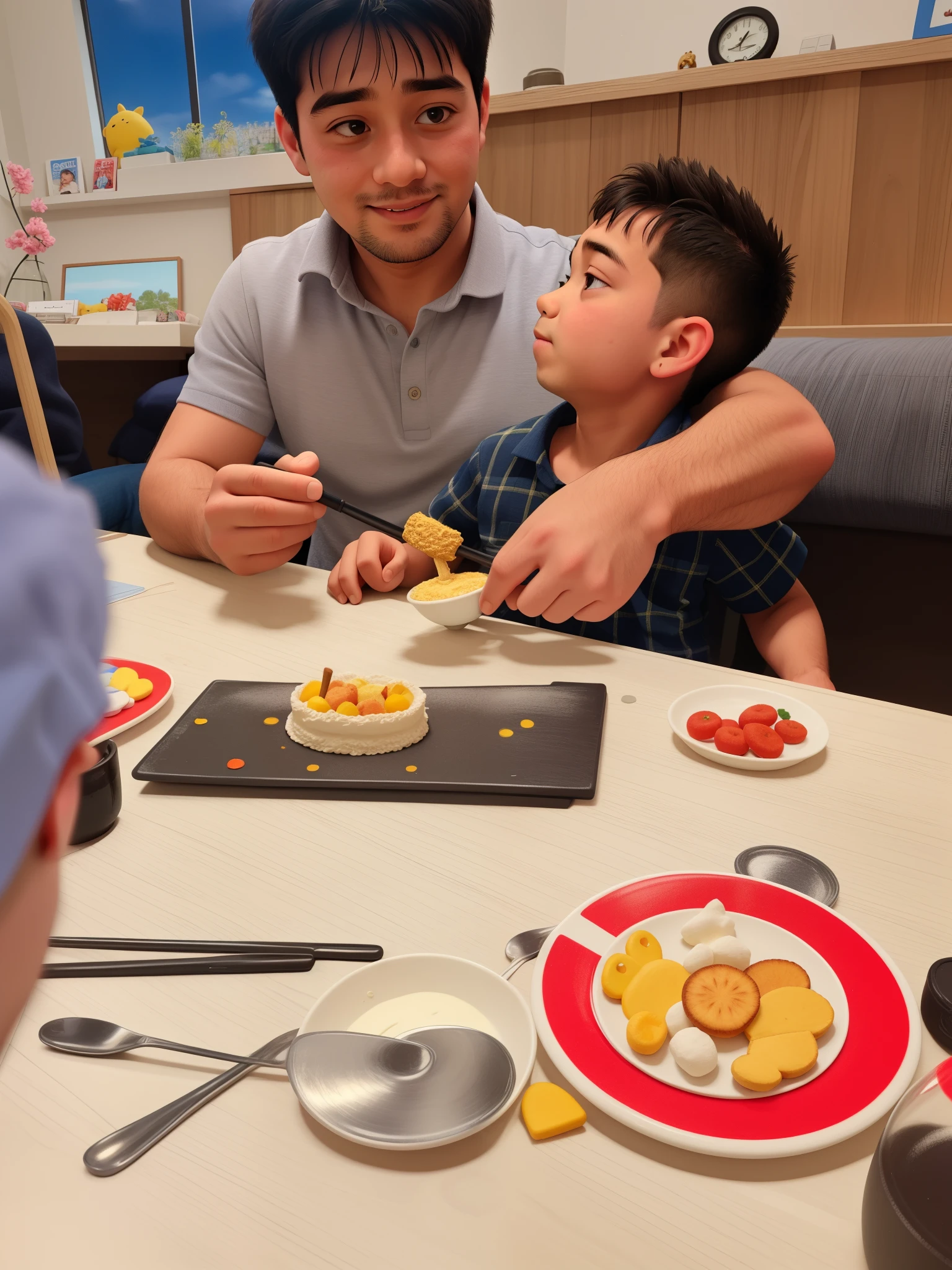 (best quality, masterpiece), father with cute 5 year old son