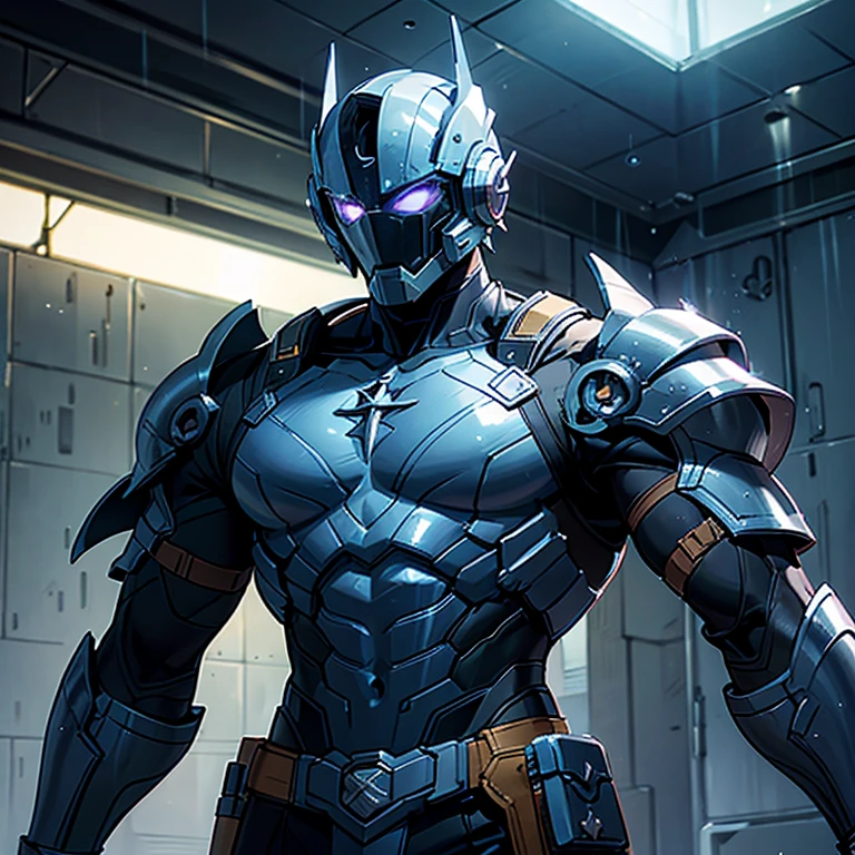 Muscular man with fantasy sci-fi armour, visible abs and chest, wet body, raining, sci-fi head gear, visible skin and visible chest