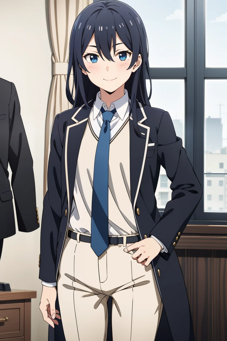 Yukinoshita Yukino wears a tuxedo coat, 1girl, Snafu anime, Female Butler, Elegant blue evening tie, collared shirt, bloomers, Black tail coat, Detailed background of the room, eyes blue, closed mouth, Smileing, Very sexy girl in suit and tie standing by the window, 1girl, 独奏, necktie, Black hair, eyes blue, long hair, smile, jacket, looking at the scenes, shirt, bloomers, blue necktie, collared shirt, white pants, white shirt, indoors, explosions, long-sleeved, closed mouth, window, black jacket, blush, cowboy shot, ceremonial, Yukinoshita Yukino suit, A woman in a black suit and blue tie is standing next to a windowsill, 1girl, 独奏, necktie, eyes blue, jacket