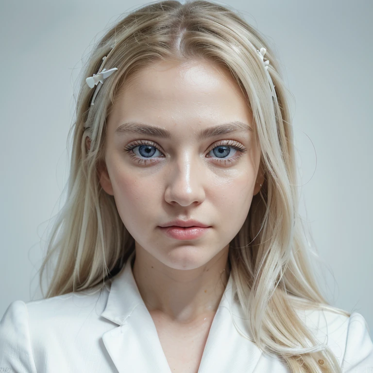 (realistic, photo-realistic:1.4),(8k, RAW photo, best quality, masterpiece:1.2), cute, ultra-detailed,heart-shaped pupils, physically-based rendering, ultra high res, kodakvision color, shot on Arricam LT Camera, bokeh, sharp focus, looking at viewer, photorealistic,realistic, solo, photorealistic, best quality,extremely detailed face,extremely detailed eyes and face, (blond girl,) clear eyes, beautiful detailed eyes,absurdres, incredibly absurdres,haunting smile,Messy hair, floating hair, round clear big eyes, clear big eyes, moist red lips, sweet, girl, (solo person:1.4),(White business suit:1.4),White bouquet,No shirt