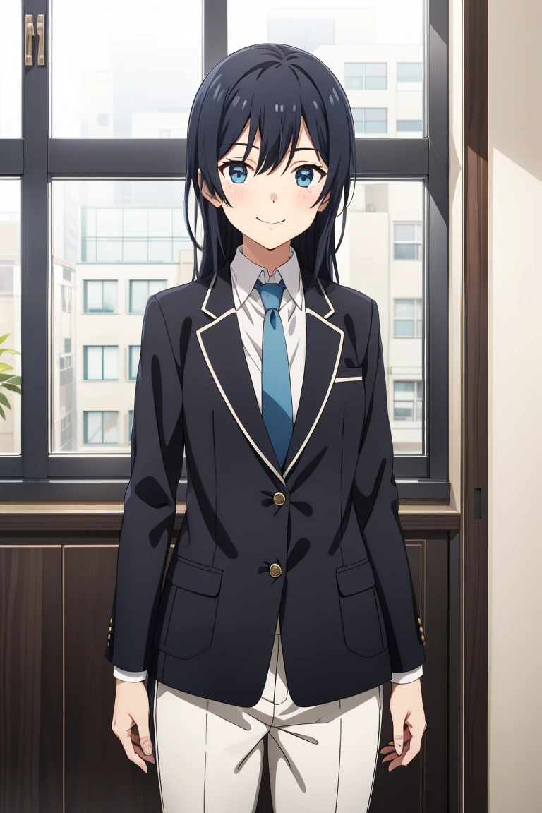 Yukinoshita Yukino wears a tuxedo coat, 1girl, Snafu anime, Female Butler, Elegant blue evening tie, collared shirt, bloomers, Black tail coat, Detailed background of the room, eyes blue, closed mouth, Smileing, Very sexy girl in suit and tie standing by the window, 1girl, 独奏, necktie, Black hair, eyes blue, long hair, smile, jacket, looking at the scenes, shirt, bloomers, blue necktie, collared shirt, white pants, white shirt, indoors, explosions, long-sleeved, closed mouth, window, black jacket, blush, cowboy shot, ceremonial, Yukinoshita Yukino suit, A woman in a black suit and blue tie is standing next to a windowsill, 1girl, 独奏, necktie, eyes blue, jacket