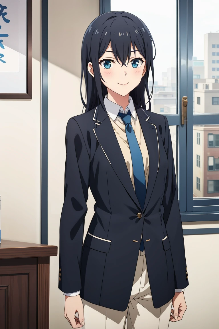 Yukinoshita Yukino wears a tuxedo coat, 1girl, Snafu anime, Female Butler, Elegant blue evening tie, collared shirt, bloomers, Black tail coat, Detailed background of the room, eyes blue, closed mouth, Smileing, Very sexy girl in suit and tie standing by the window, 1girl, 独奏, necktie, Black hair, eyes blue, long hair, smile, jacket, looking at the scenes, shirt, bloomers, blue necktie, collared shirt, white pants, white shirt, indoors, explosions, long-sleeved, closed mouth, window, black jacket, blush, cowboy shot, ceremonial, Yukinoshita Yukino suit, A woman in a black suit and blue tie is standing next to a windowsill, 1girl, 独奏, necktie, eyes blue, jacket