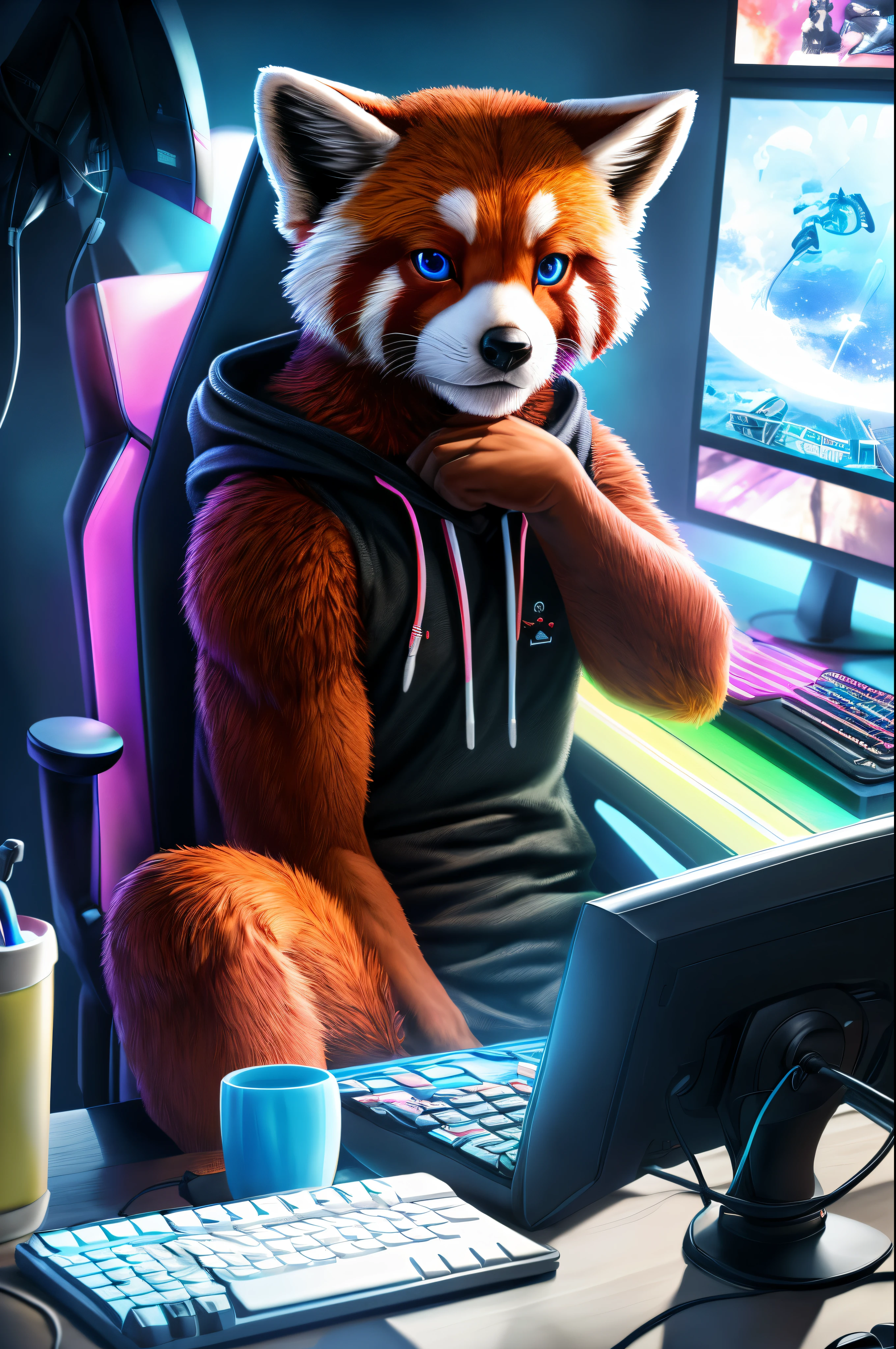 (red panda), (purple short bandana), (sitting at pc), (dark room), (RGB), (anthropomorphic), (shy), (sitting on a gaming chair), (best quality,4k,8k,highres,masterpiece:1.2), (ultra-detailed), (realistic,photorealistic,photo-realistic:1.37), (portraits), (vivid colors), (sharp focus), (physically-based rendering), (studio lighting), (red fur), (adorable expression), (playing video games), (keyboard and mouse), (computer monitor), (plush and fluffy texture), (mysterious atmosphere), (gentle lighting), (intense gaze), (curious eyes), (comfortable and ergonomic gaming chair), (quiet and focused), (immersive gaming experience), (background filled with gaming posters), (intertwined wires), (subtle reflections on the fur), (attention to detail), (dreamlike setting), (colorful ambiance), (charming personality), (positive energy), (captivating presence), (embarrassed), (caught), (covering crotch), wearing black hoodie)
